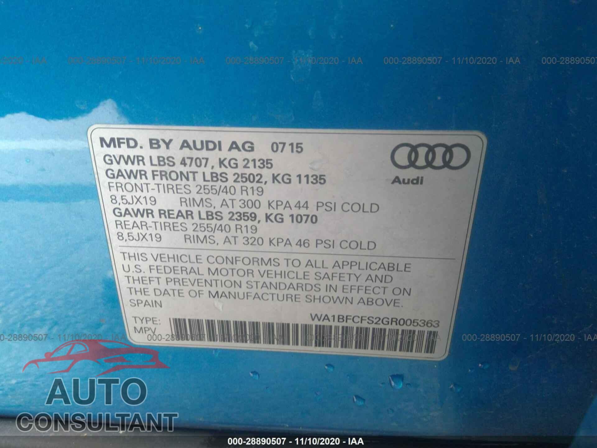 AUDI Q3 2016 - WA1BFCFS2GR005363