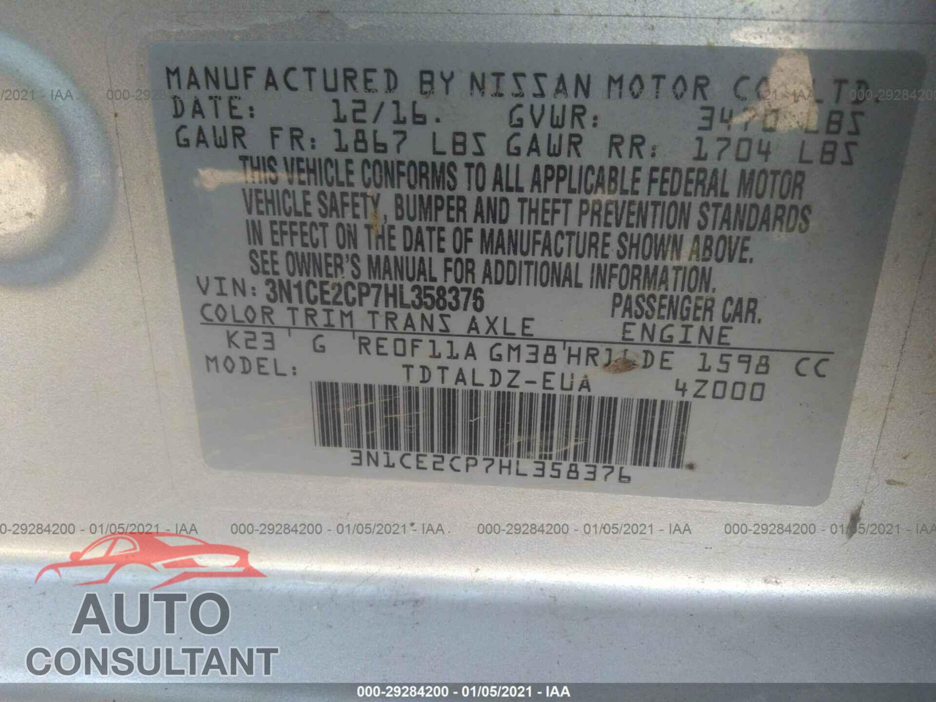 NISSAN VERSA NOTE 2017 - 3N1CE2CP7HL358376