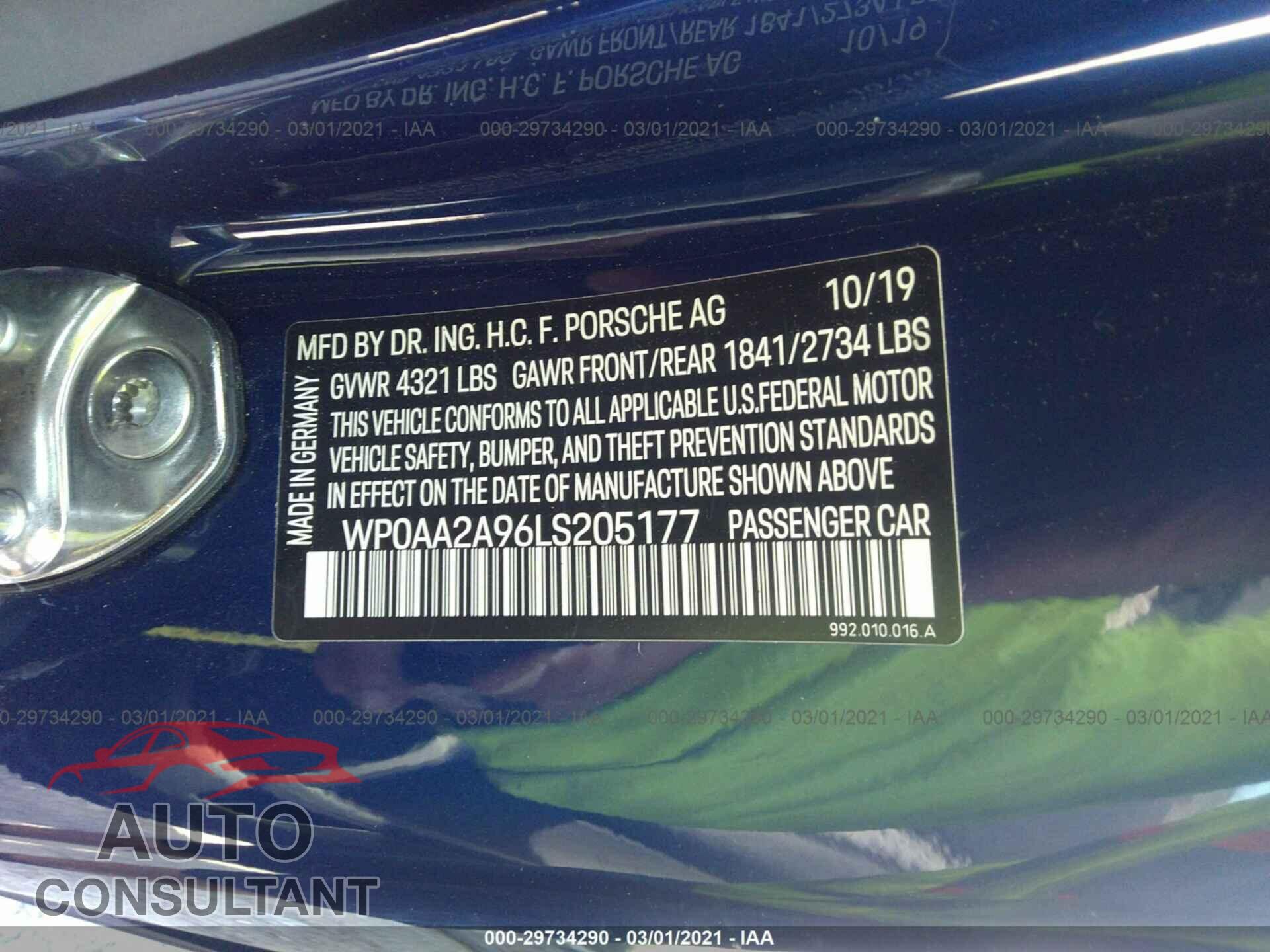 PORSCHE 911 2020 - WP0AA2A96LS205177