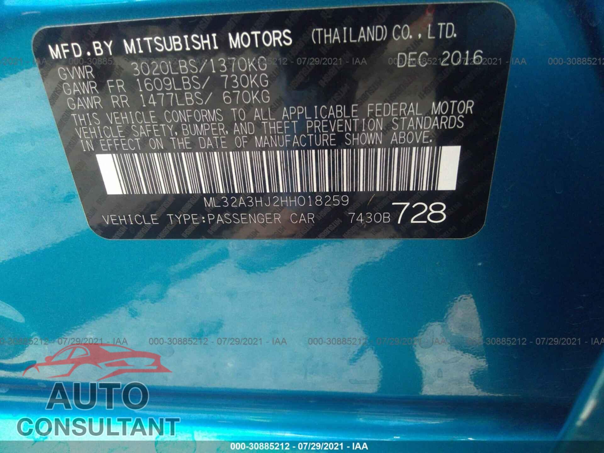 MITSUBISHI MIRAGE 2017 - ML32A3HJ2HH018259