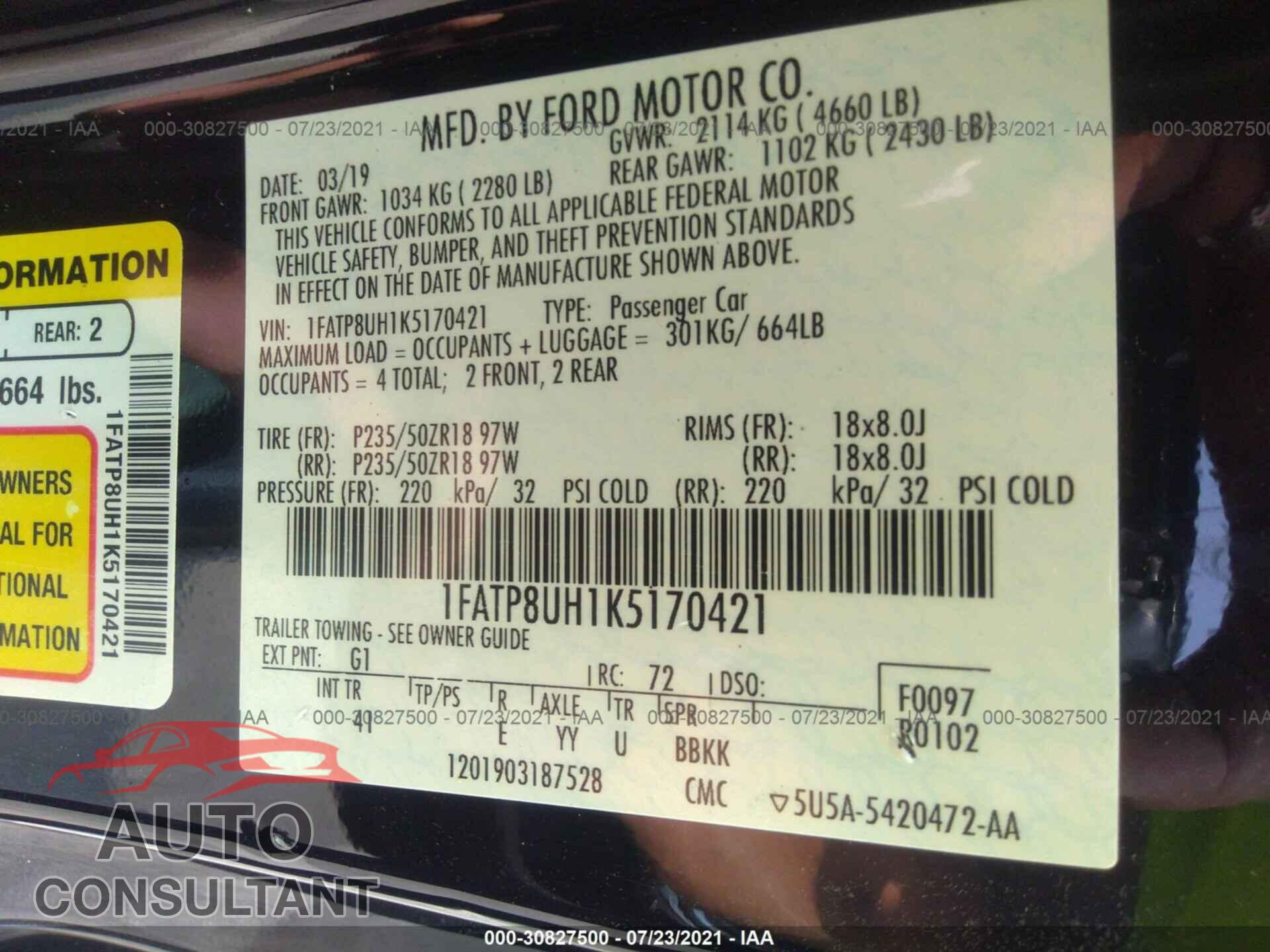 FORD MUSTANG 2019 - 1FATP8UH1K5170421