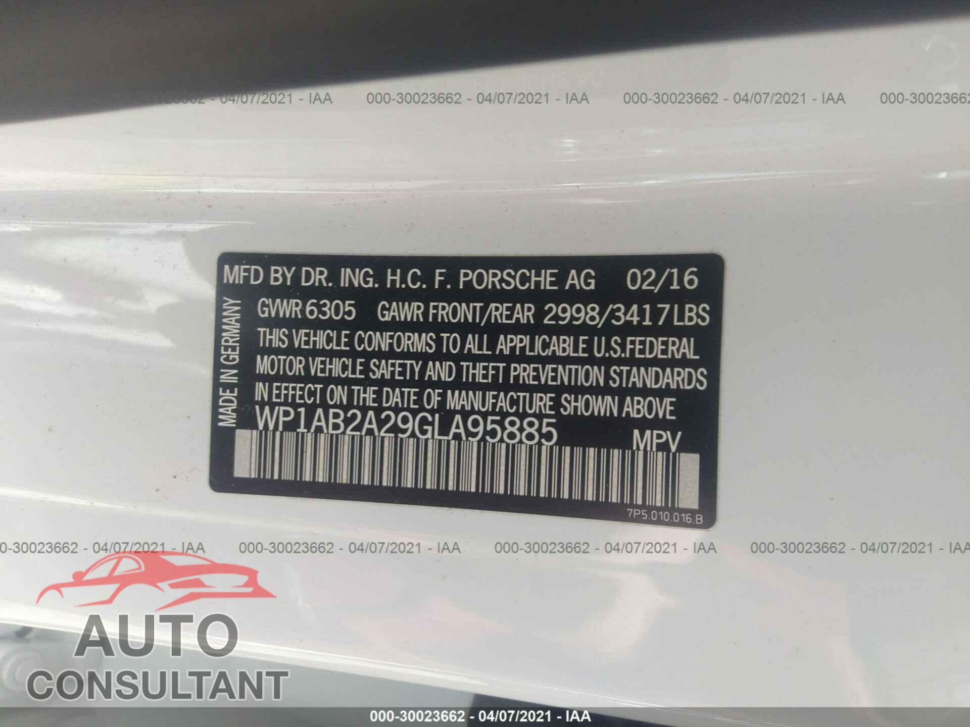 PORSCHE CAYENNE 2016 - WP1AB2A29GLA95885