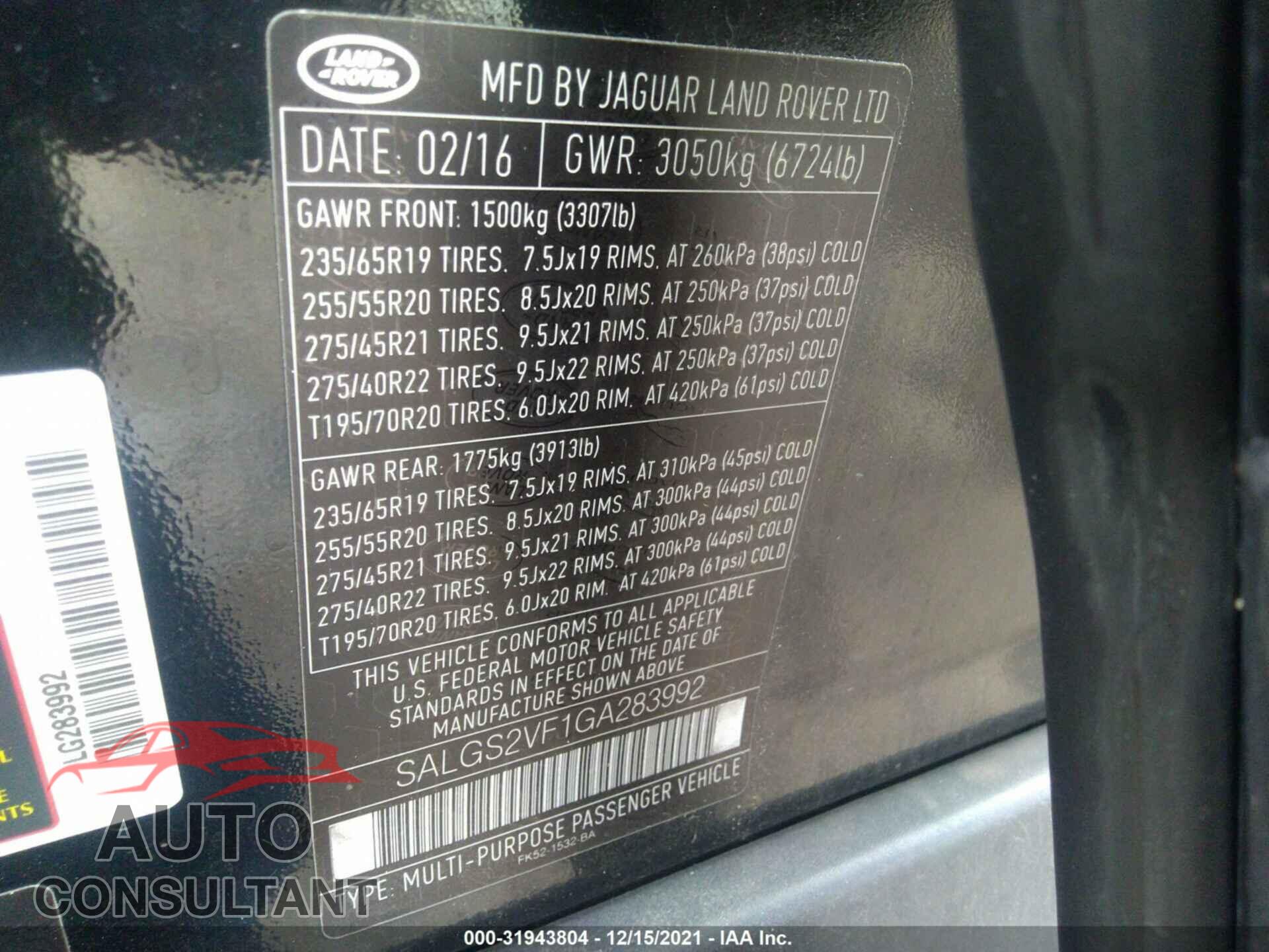 LAND ROVER RANGE ROVER 2016 - SALGS2VF1GA283992