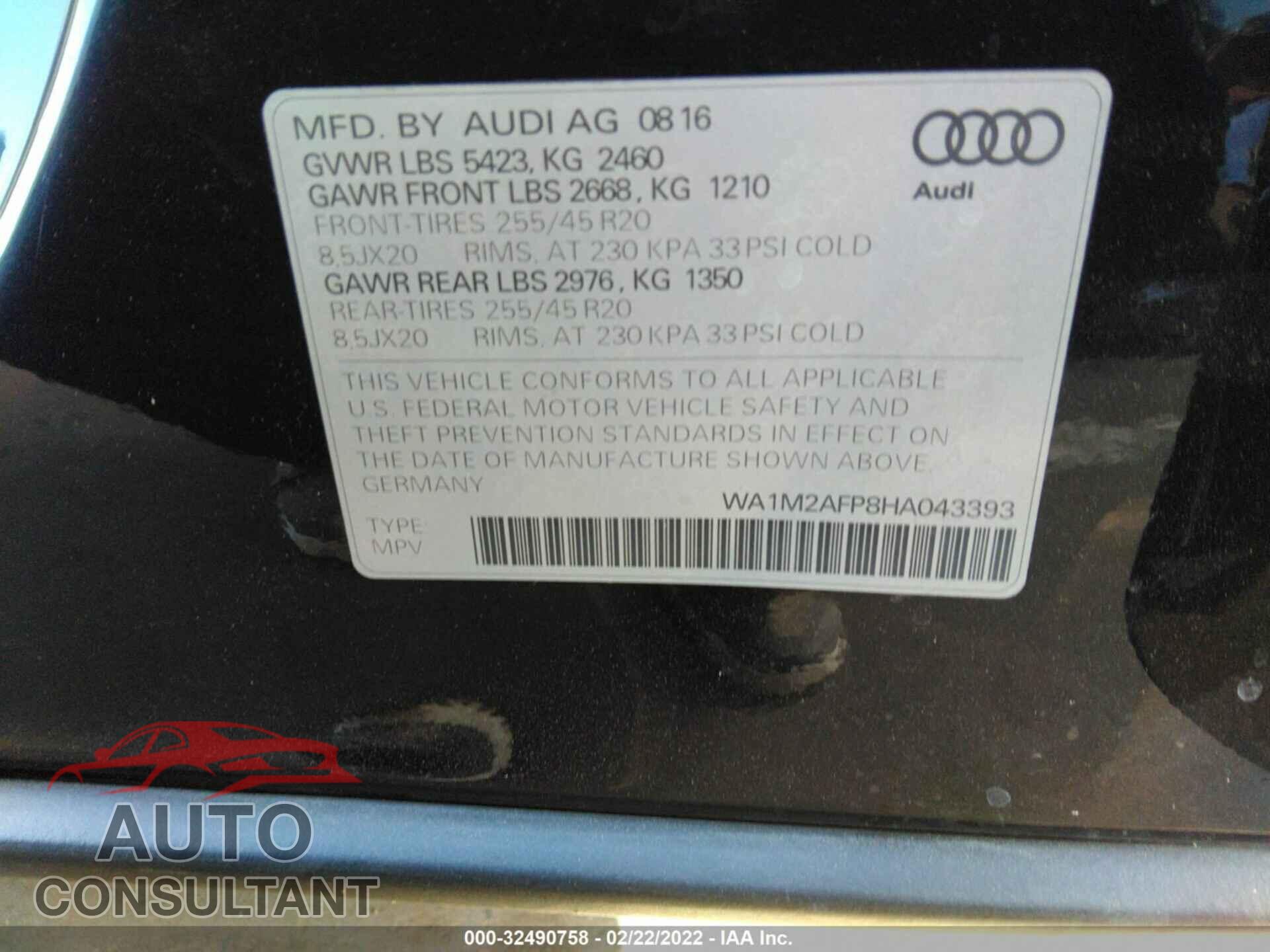 AUDI Q5 2017 - WA1M2AFP8HA043393
