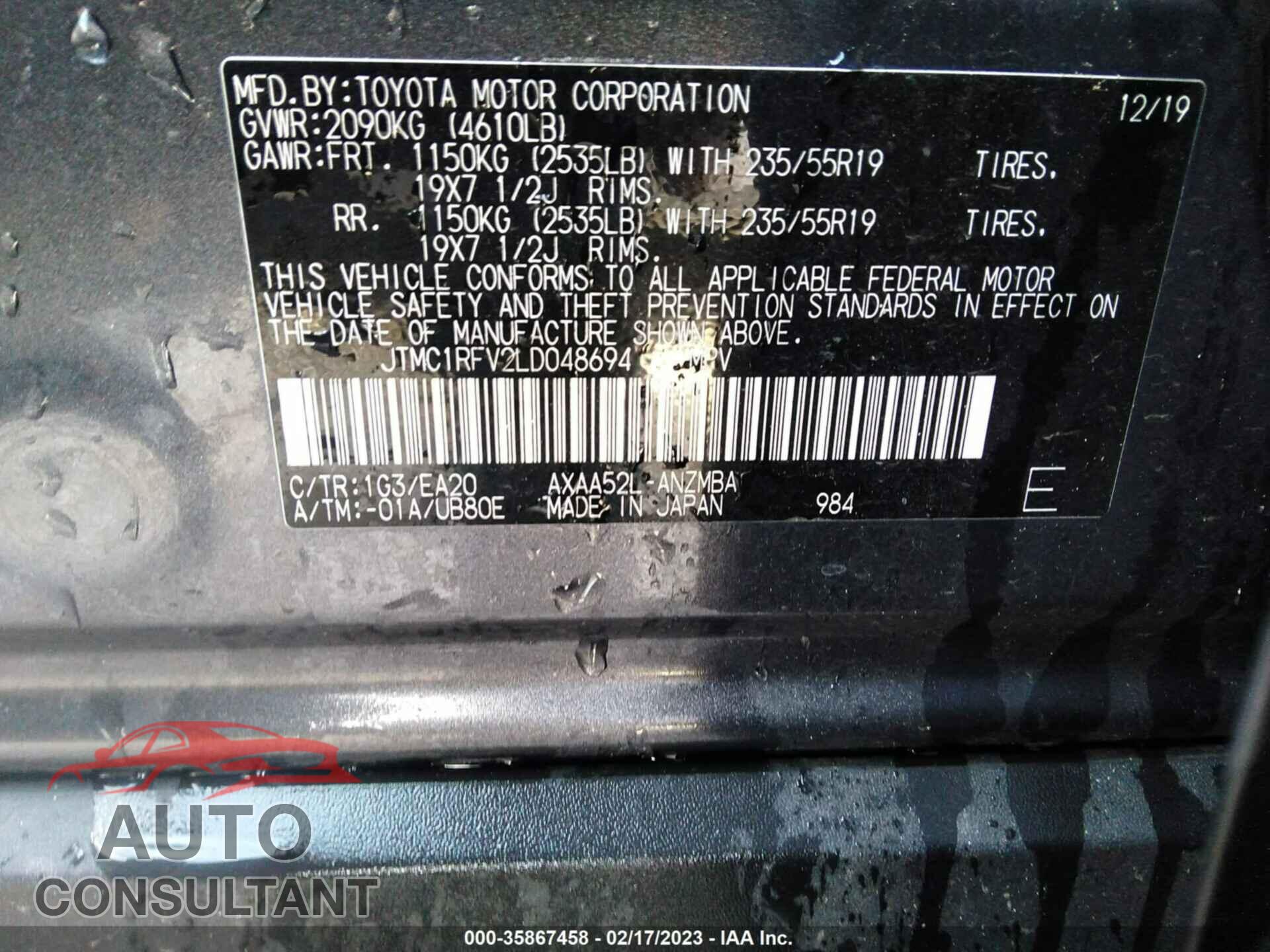 TOYOTA RAV4 2020 - JTMC1RFV2LD048694