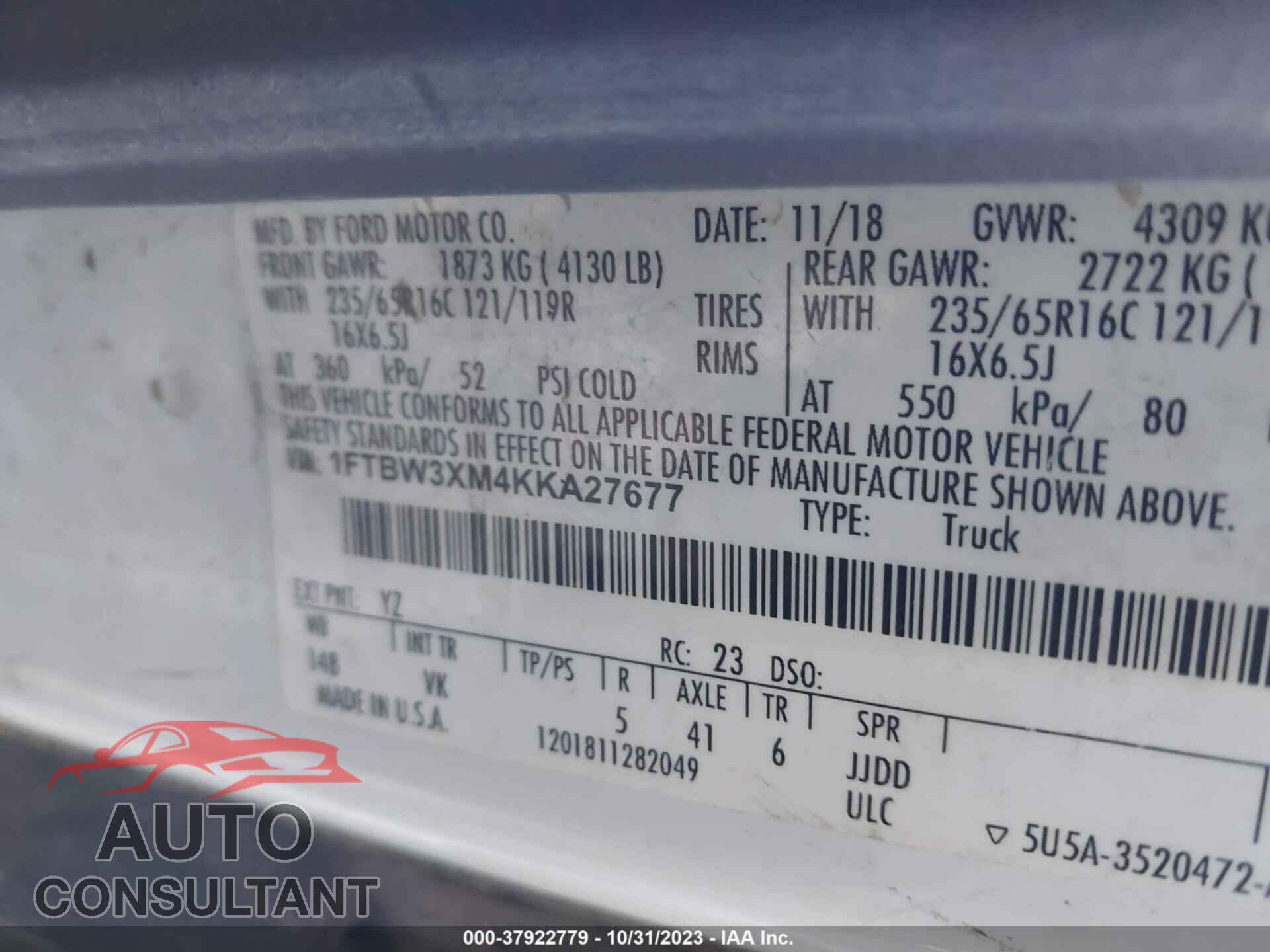 FORD TRANSIT 2019 - 1FTBW3XM4KKA27677