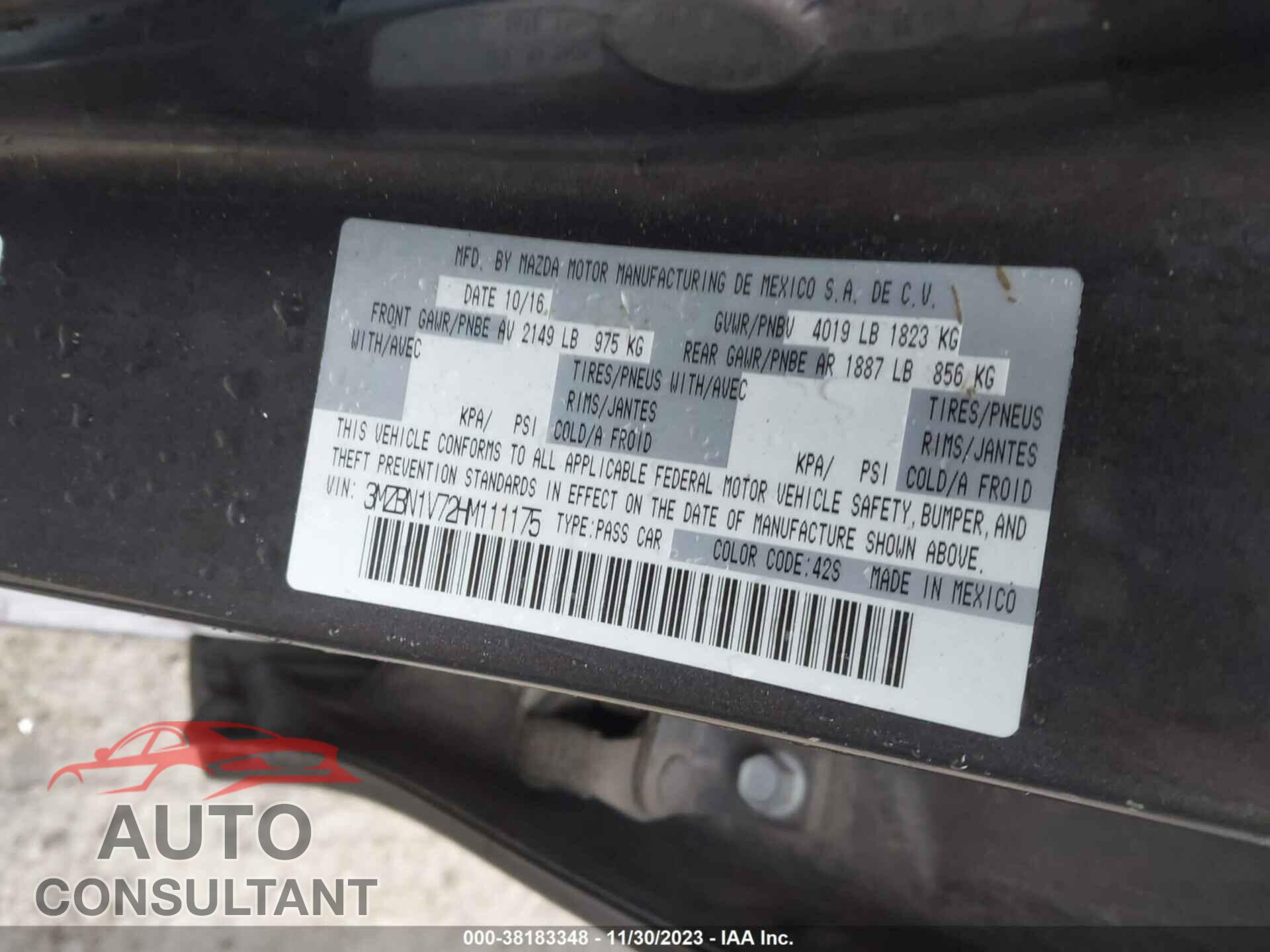 MAZDA 3 2017 - 3MZBN1V72HM111175