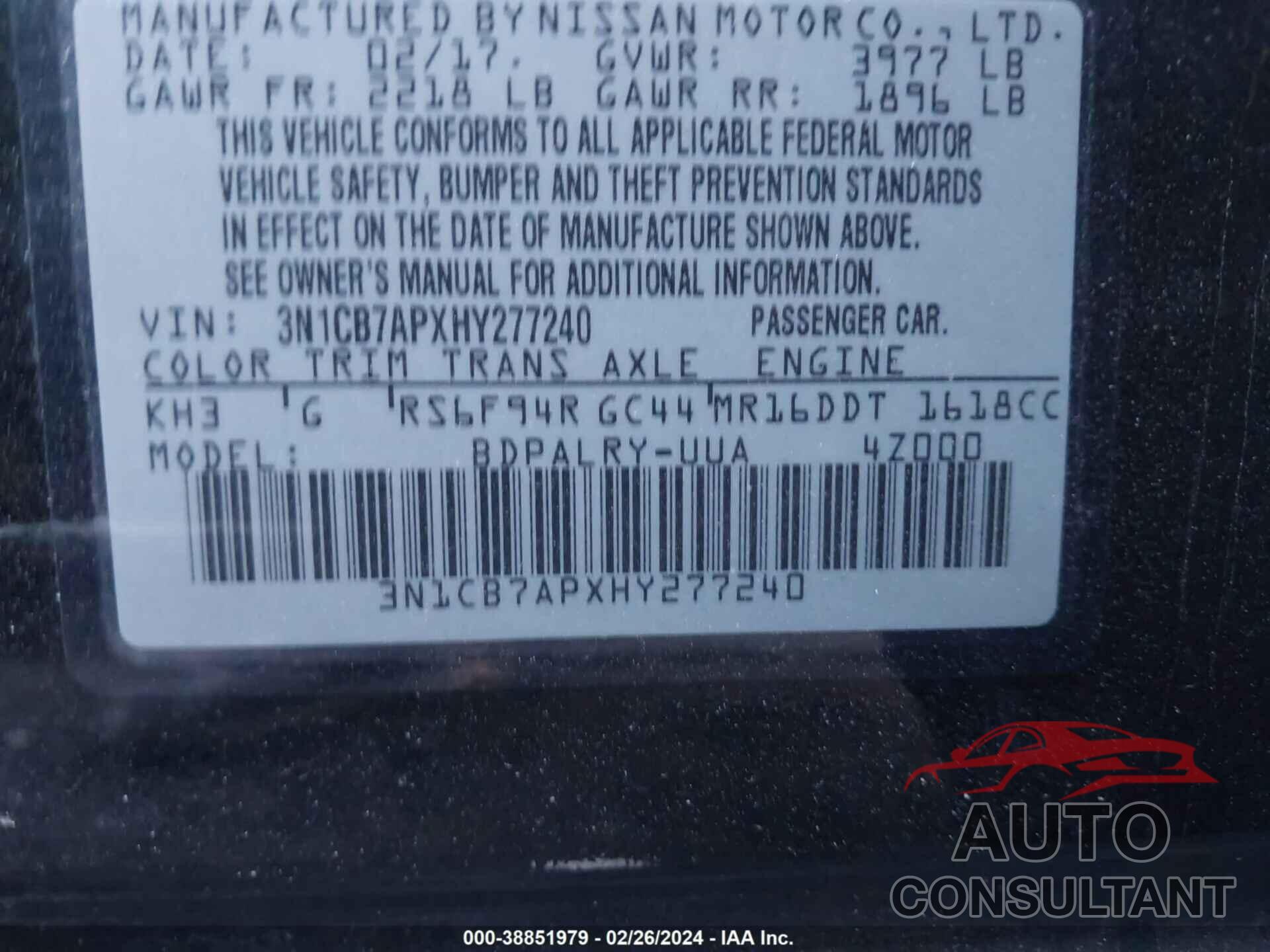 NISSAN SENTRA 2017 - 3N1CB7APXHY277240