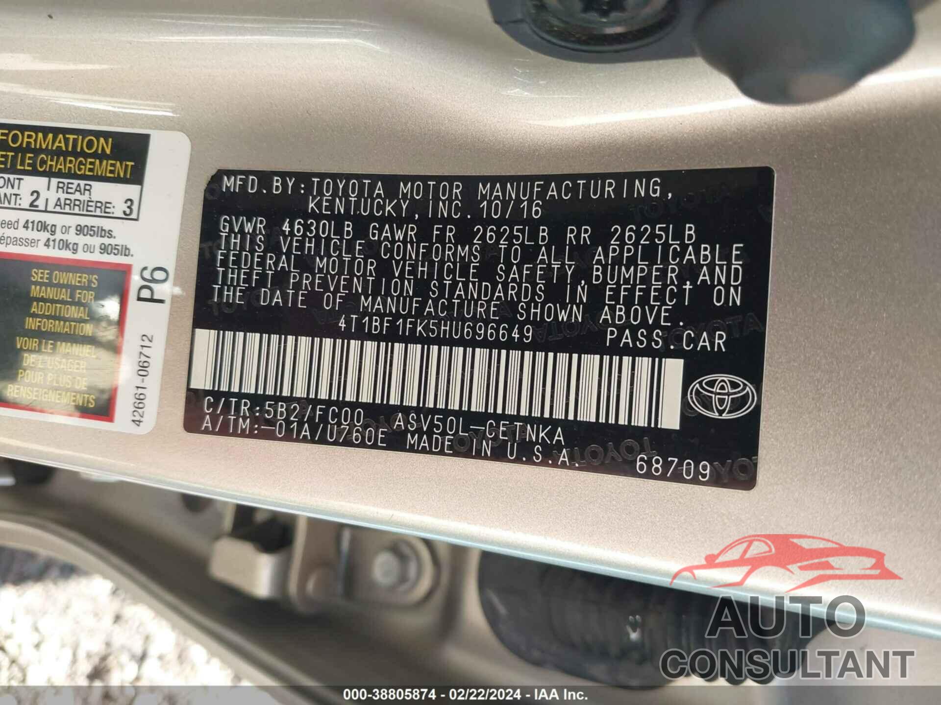 TOYOTA CAMRY 2017 - 4T1BF1FK5HU696649