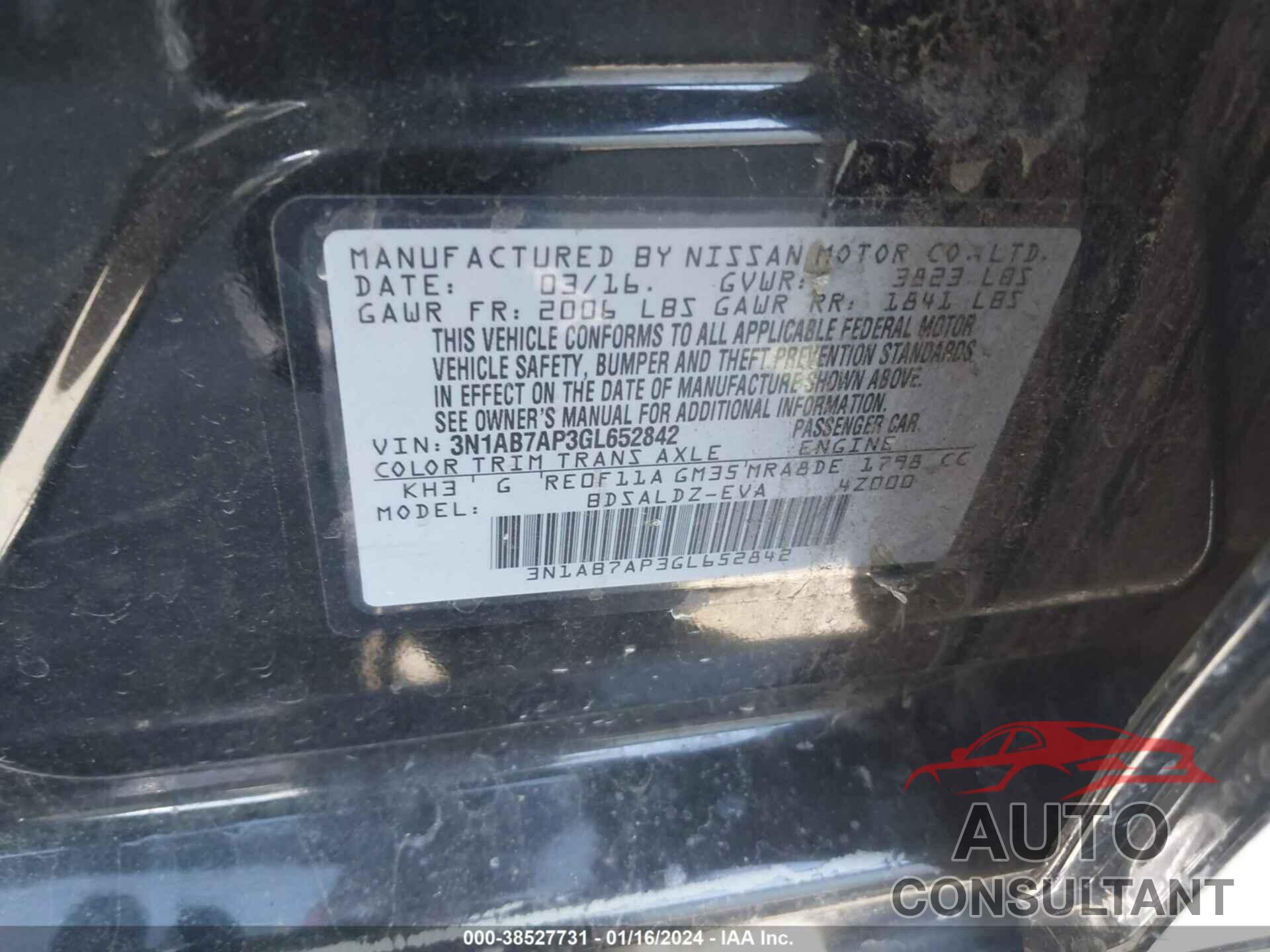 NISSAN SENTRA 2016 - 3N1AB7AP3GL652842