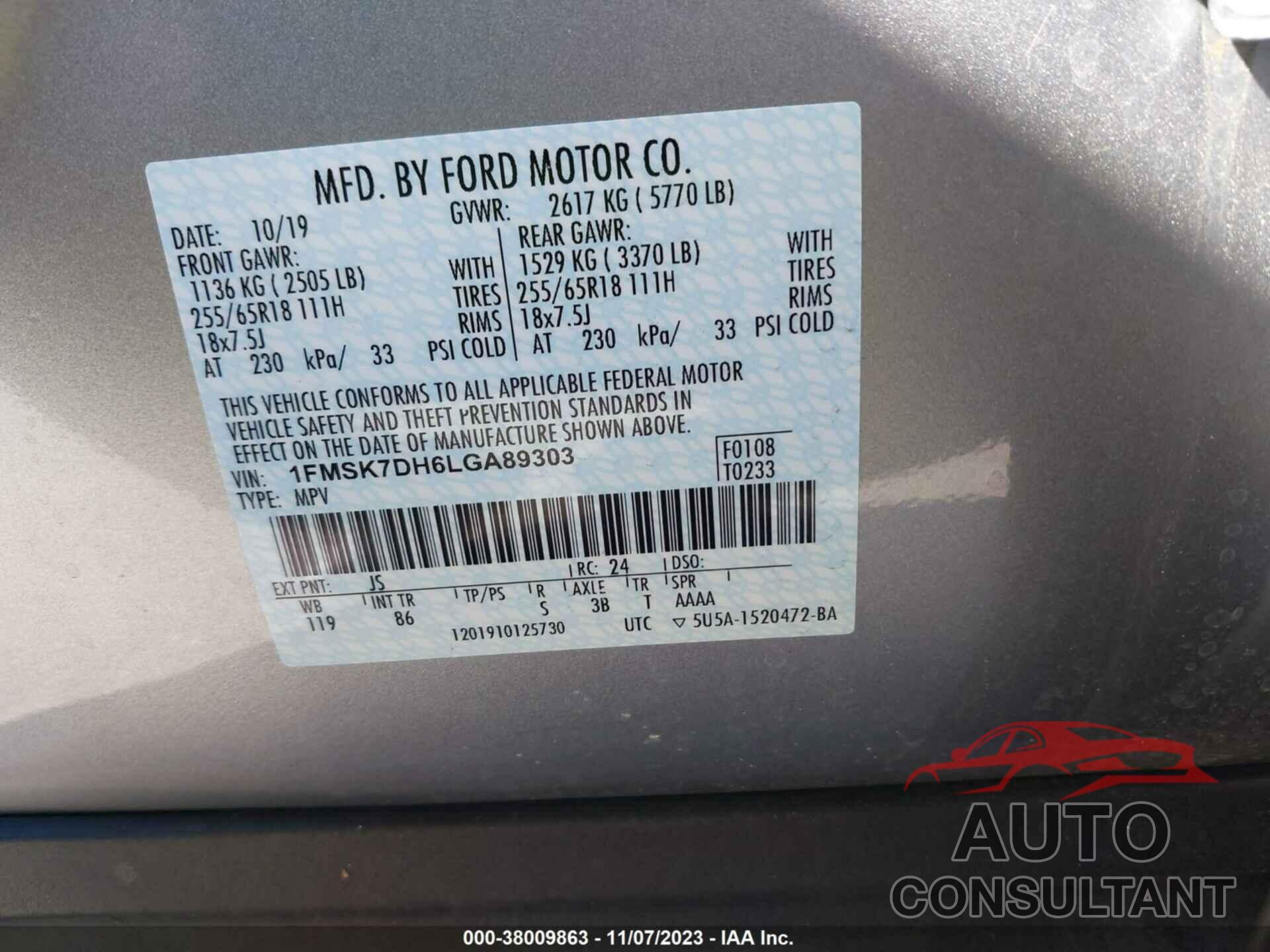 FORD EXPLORER 2020 - 1FMSK7DH6LGA89303