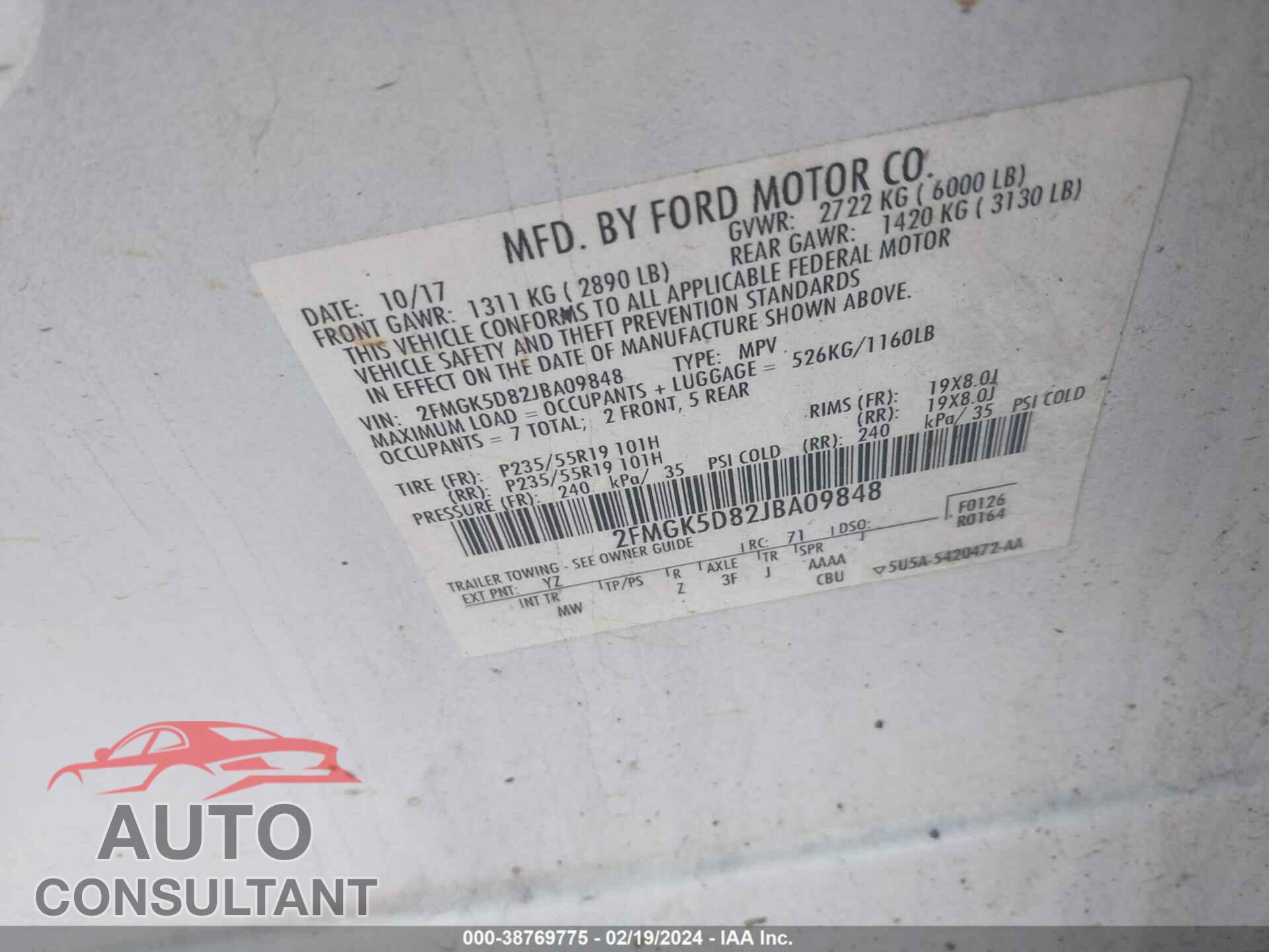 FORD FLEX 2018 - 2FMGK5D82JBA09848