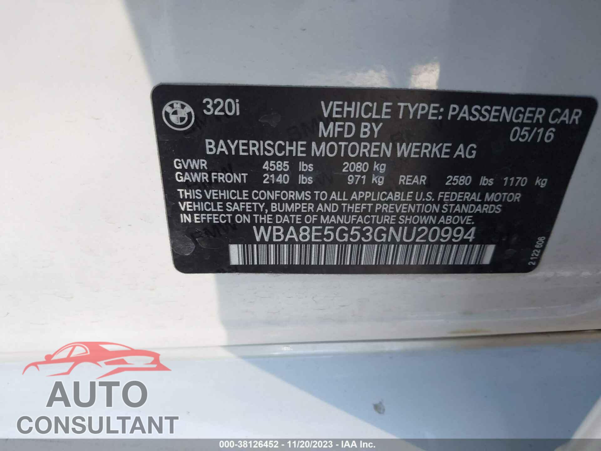 BMW 320I 2016 - WBA8E5G53GNU20994