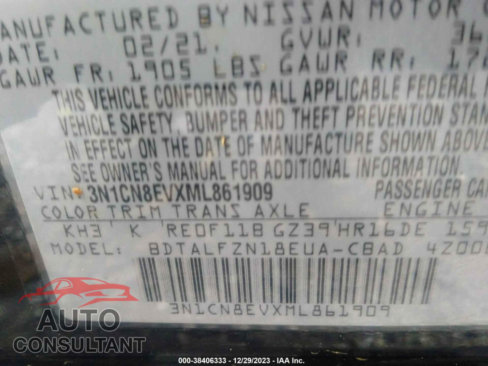 NISSAN VERSA 2021 - 3N1CN8EVXML861909