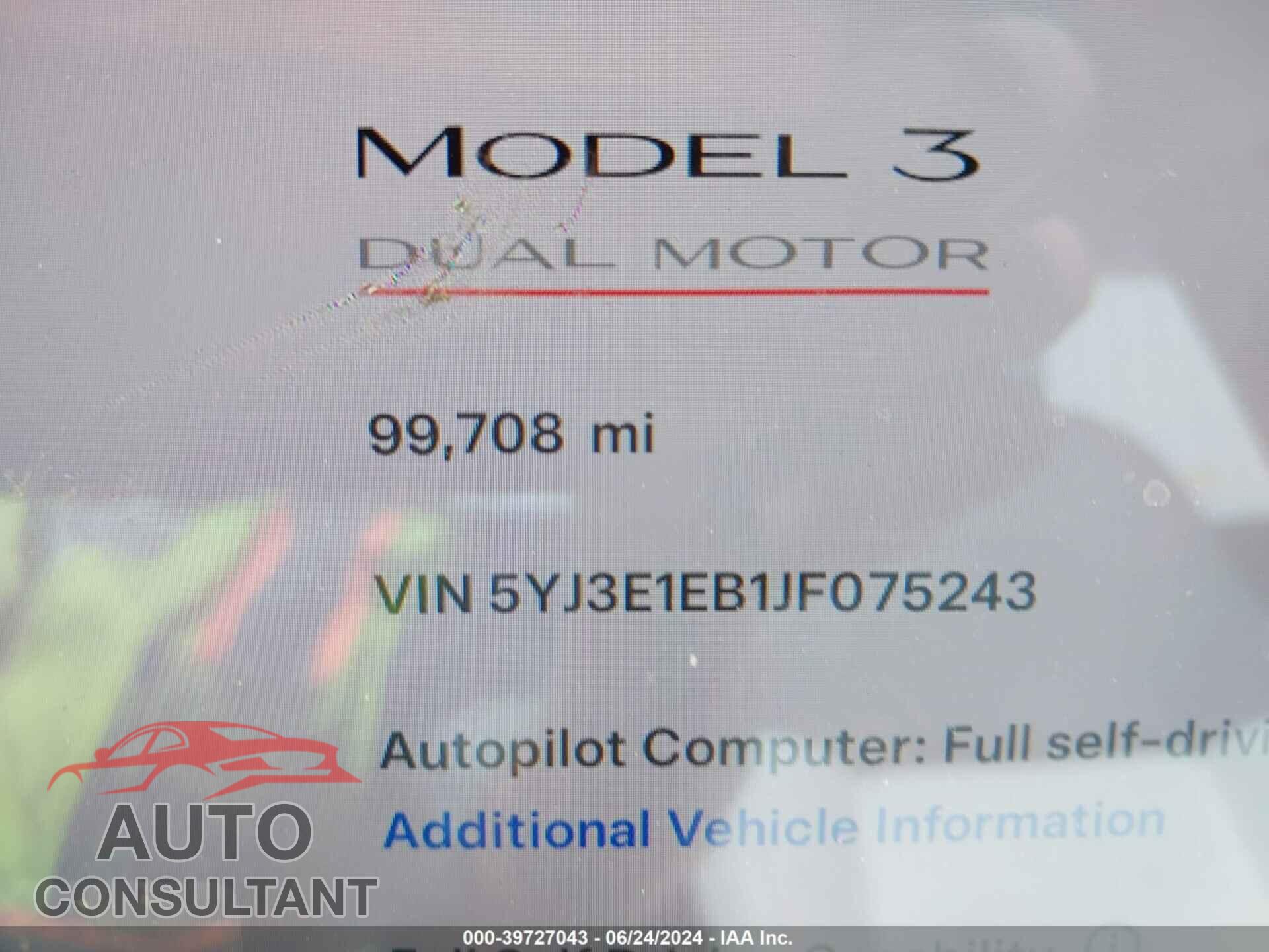 TESLA MODEL 3 2018 - 5YJ3E1EB1JF075243