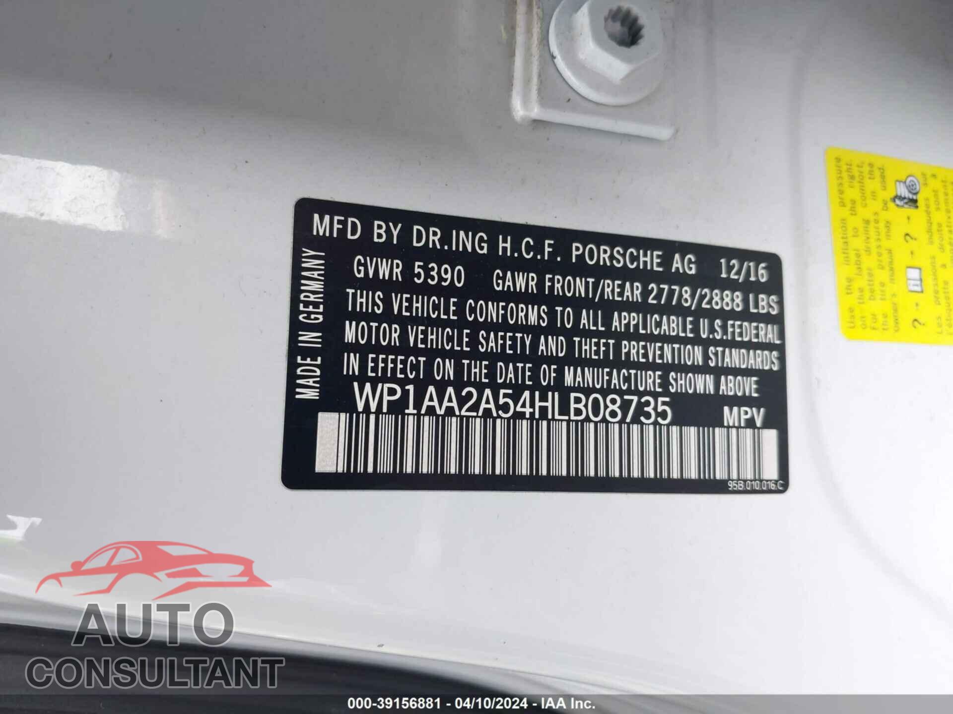 PORSCHE MACAN 2017 - WP1AA2A54HLB08735
