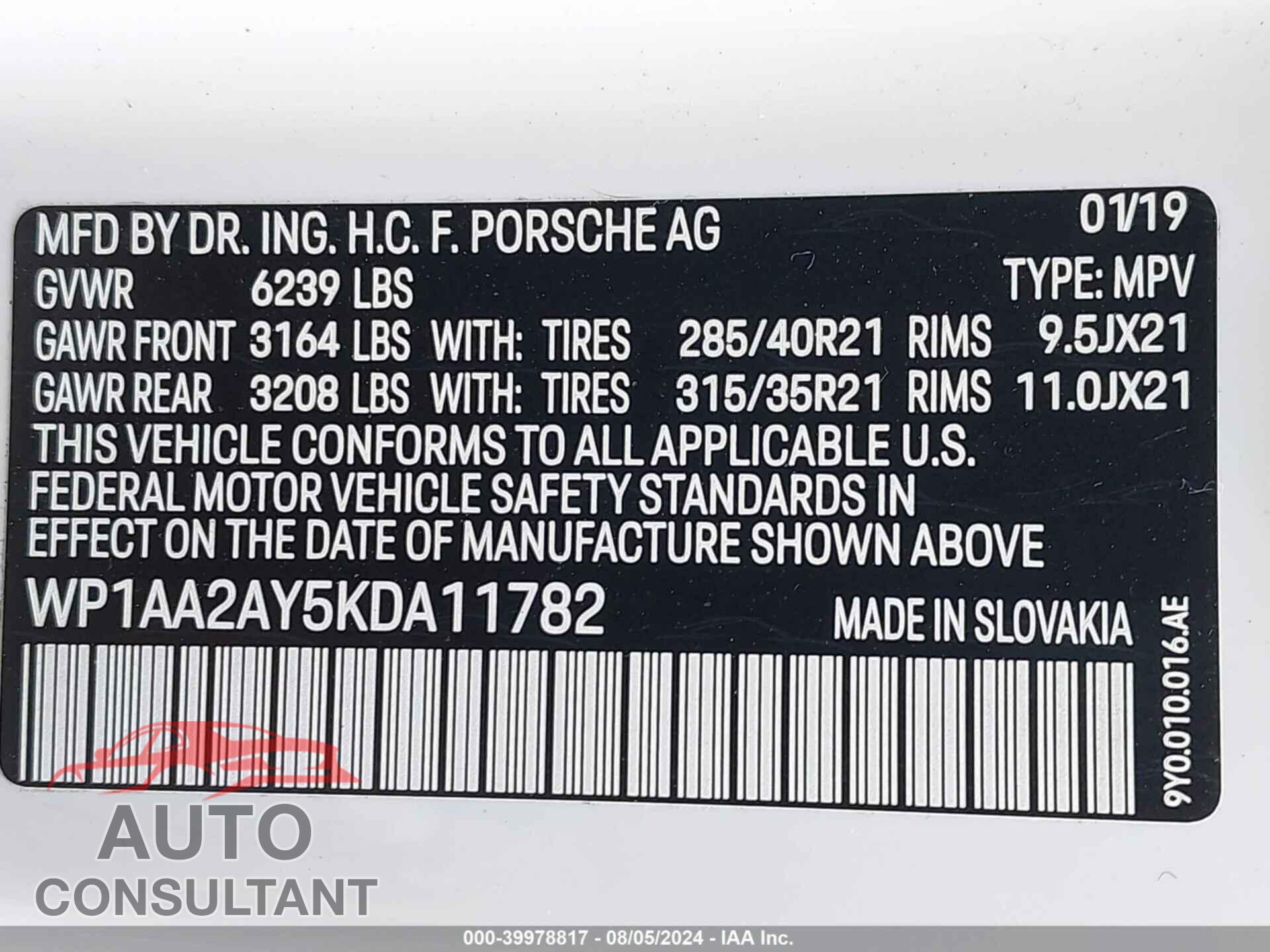 PORSCHE CAYENNE 2019 - WP1AA2AY5KDA11782