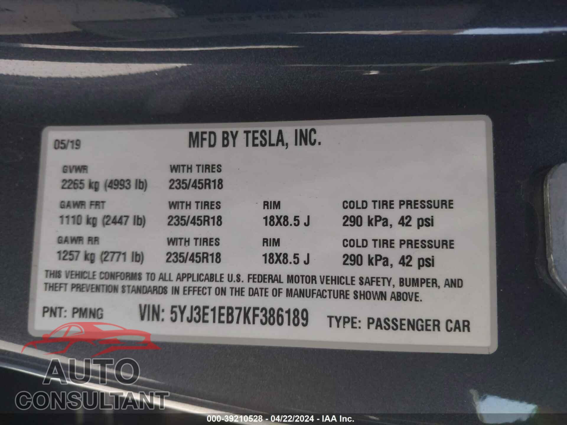 TESLA MODEL 3 2019 - 5YJ3E1EB7KF386189
