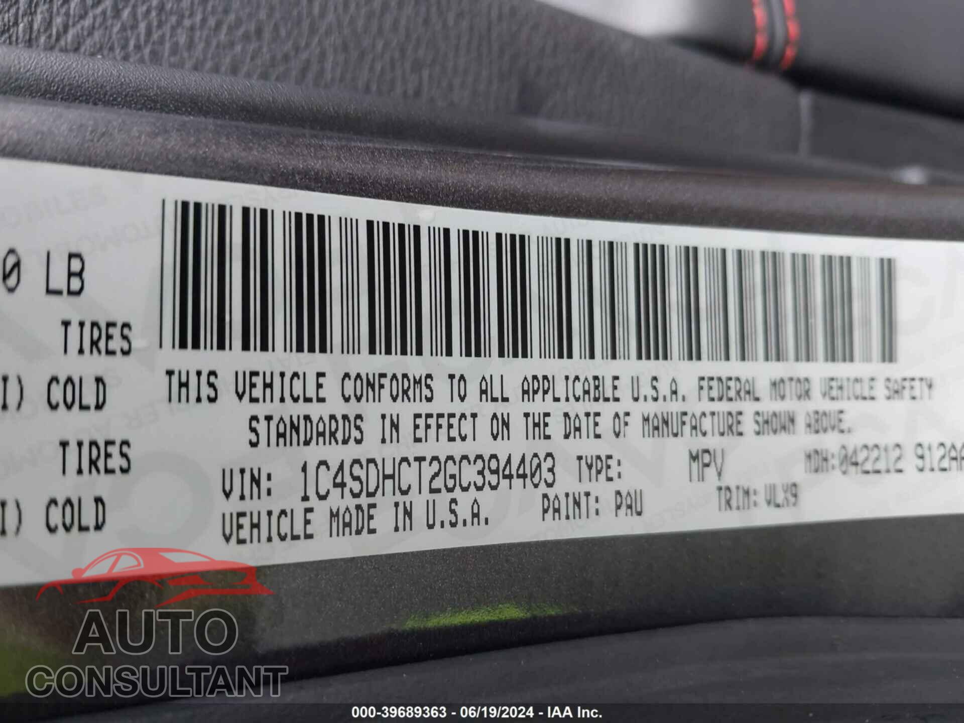 DODGE DURANGO 2016 - 1C4SDHCT2GC394403