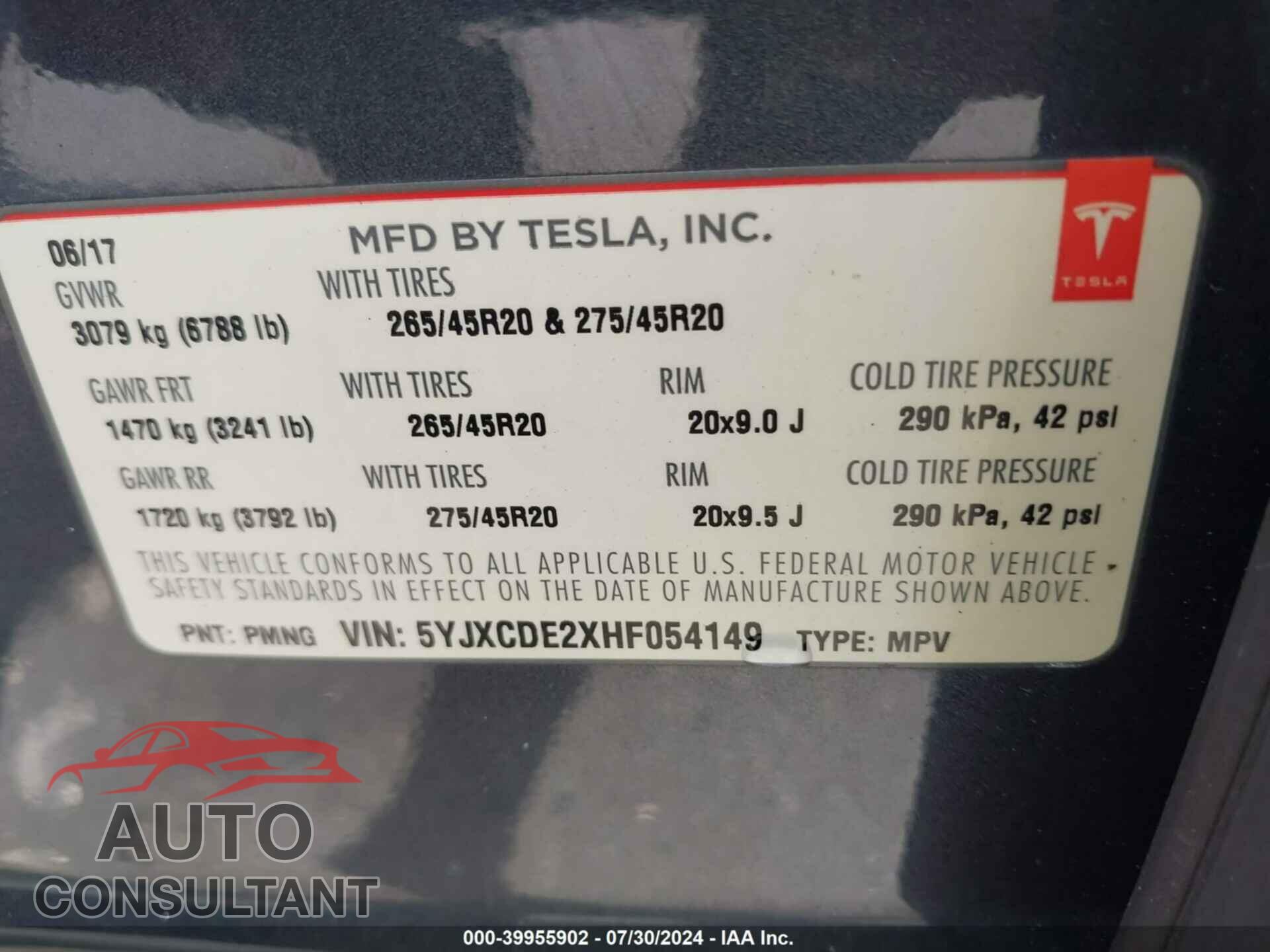 TESLA MODEL X 2017 - 5YJXCDE2XHF054149