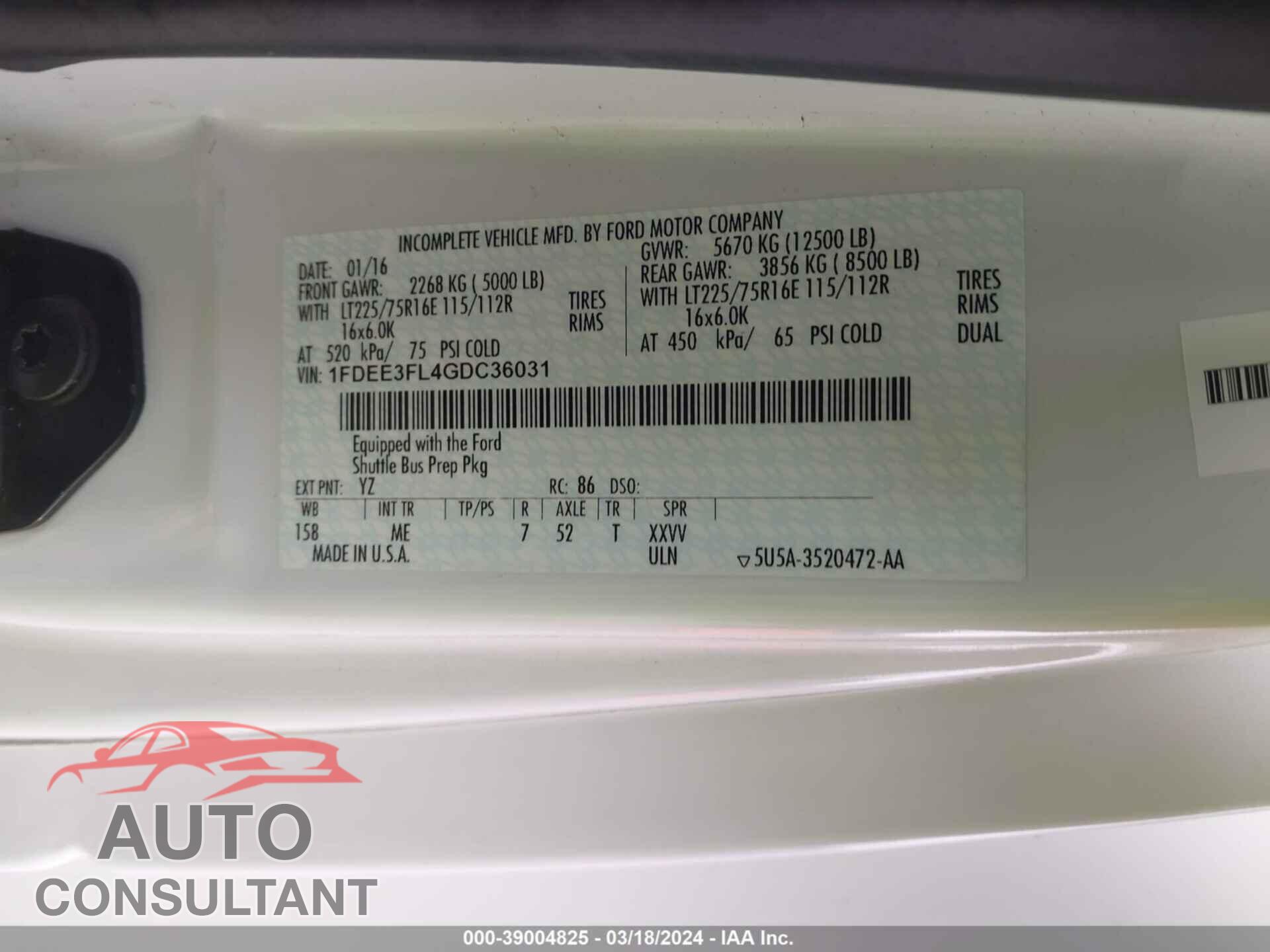 FORD E-350 CUTAWAY 2016 - 1FDEE3FL4GDC36031