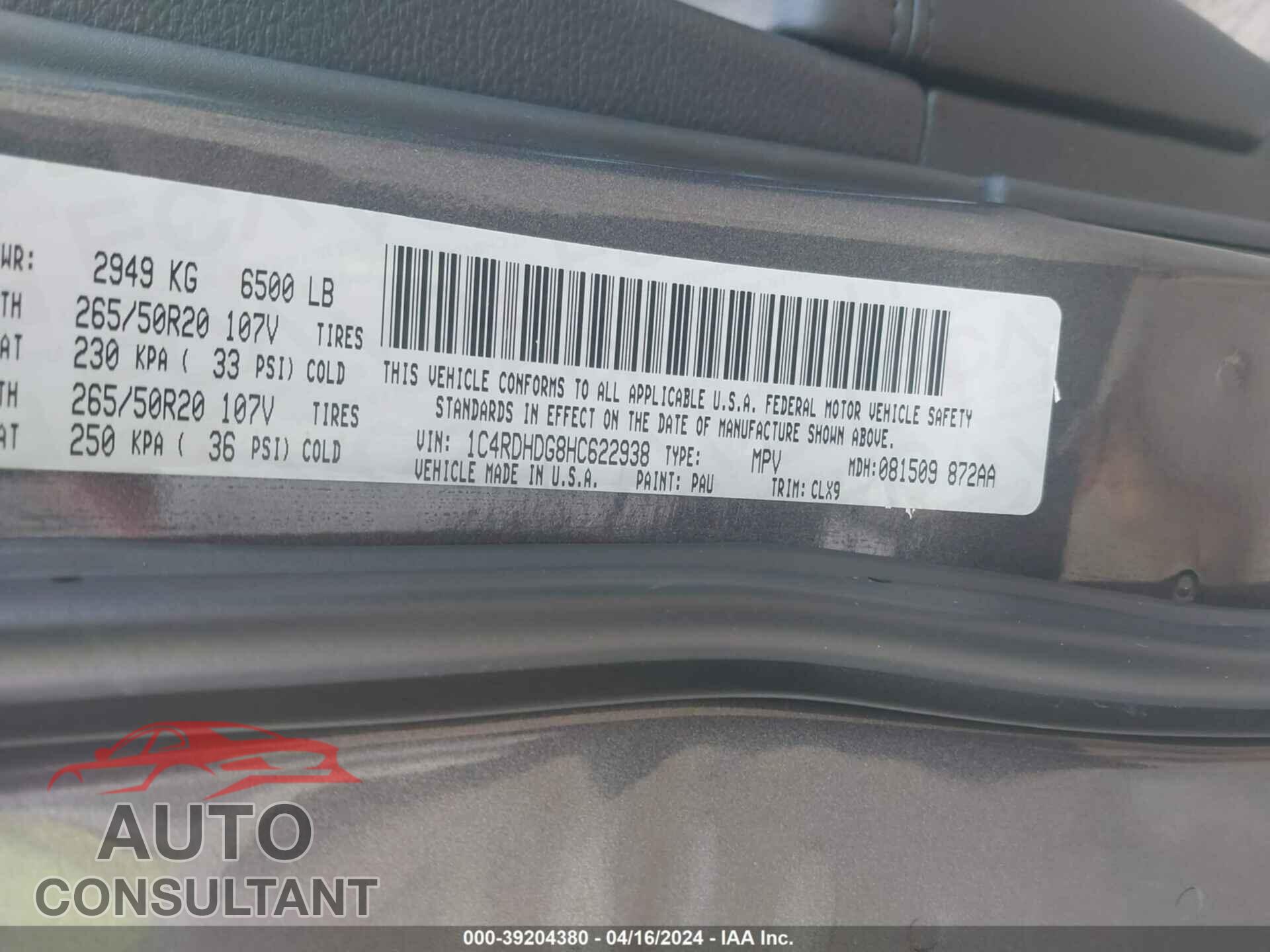 DODGE DURANGO 2017 - 1C4RDHDG8HC622938