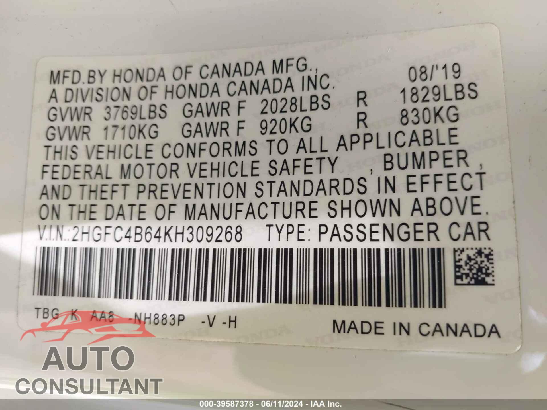 HONDA CIVIC 2019 - 2HGFC4B64KH309268