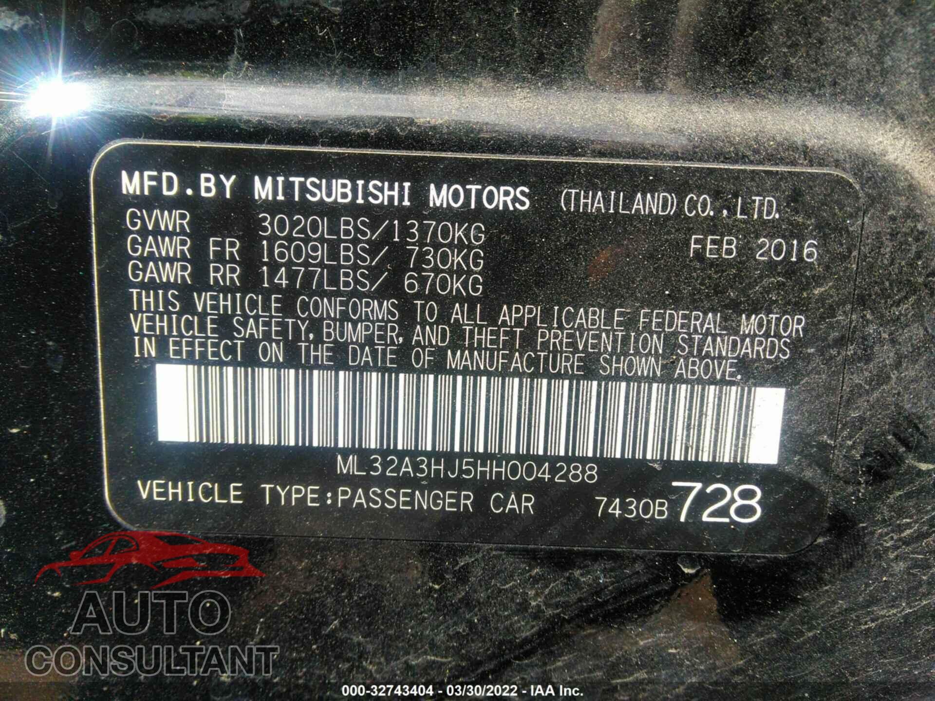 MITSUBISHI MIRAGE 2017 - ML32A3HJ5HH004288