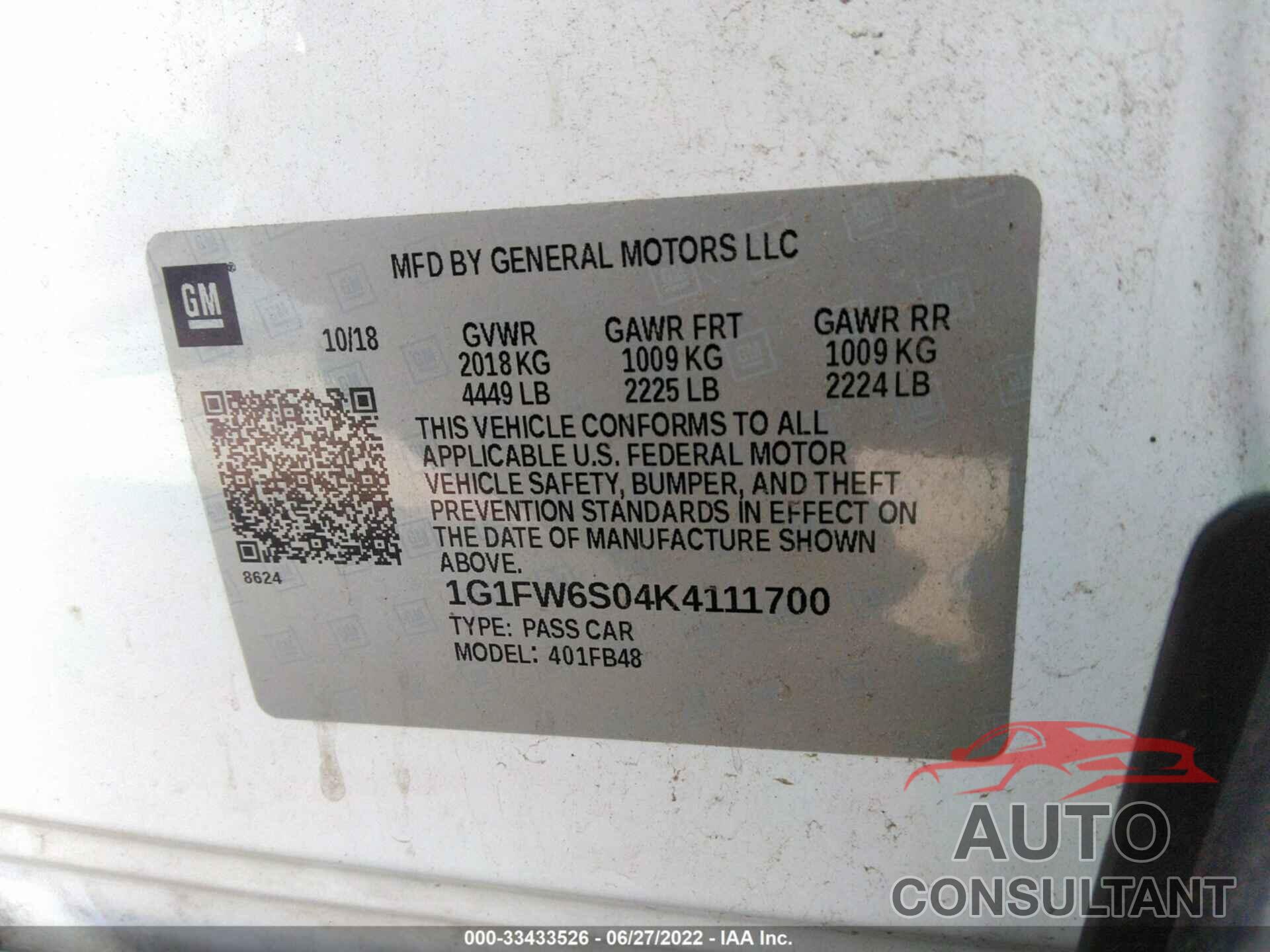 CHEVROLET BOLT EV 2019 - 1G1FW6S04K4111700