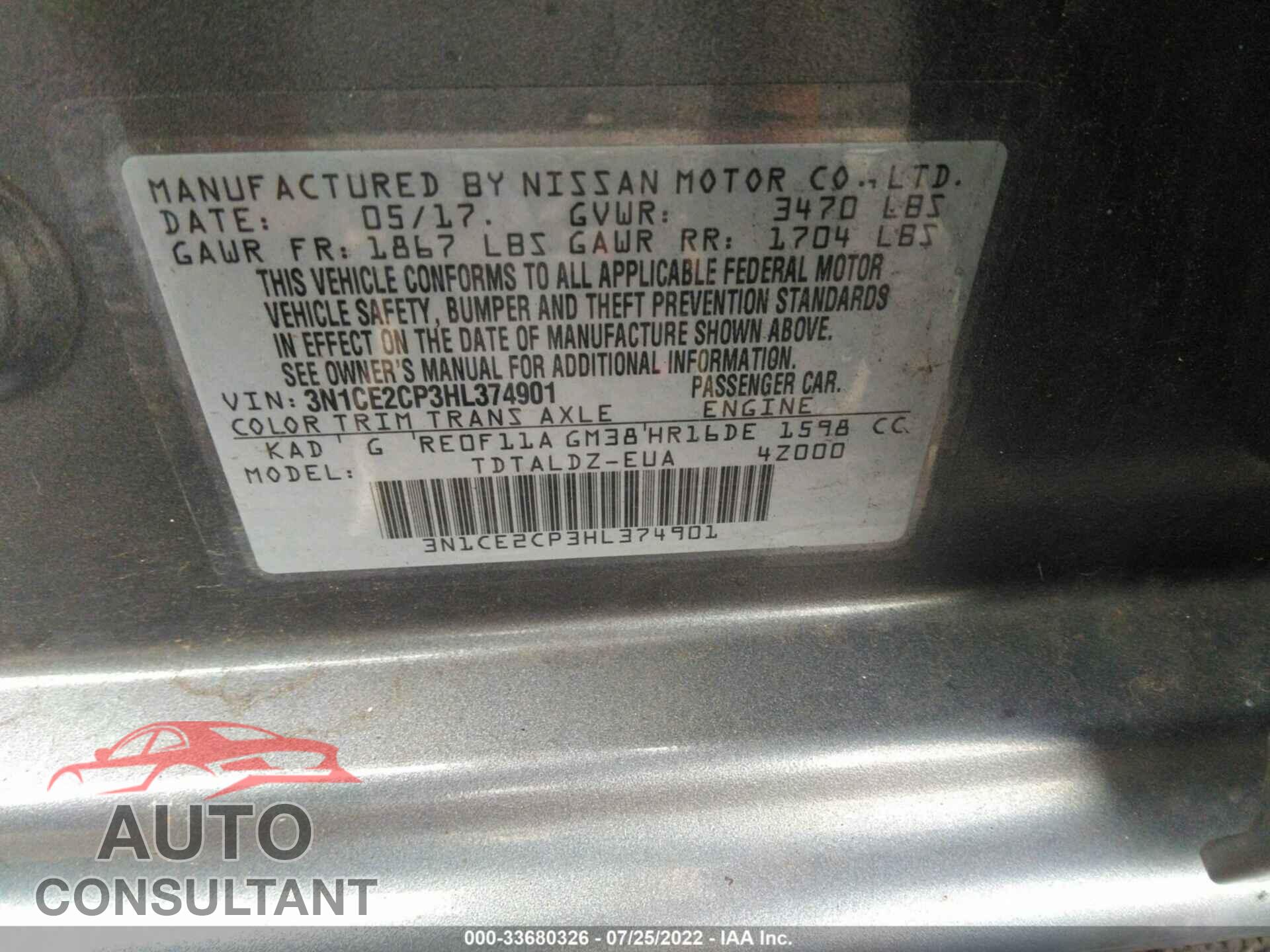 NISSAN VERSA NOTE 2017 - 3N1CE2CP3HL374901