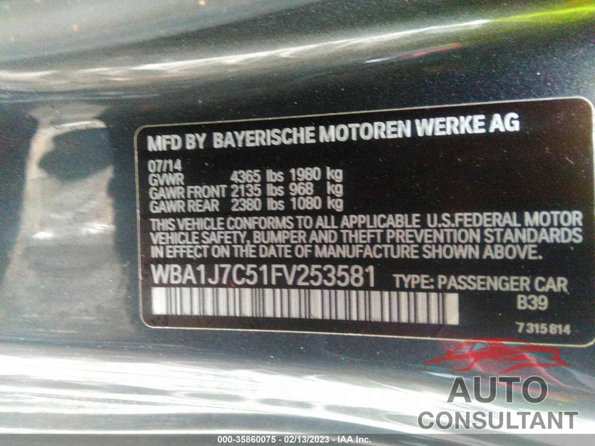 BMW 2 SERIES 2015 - WBA1J7C51FV253581