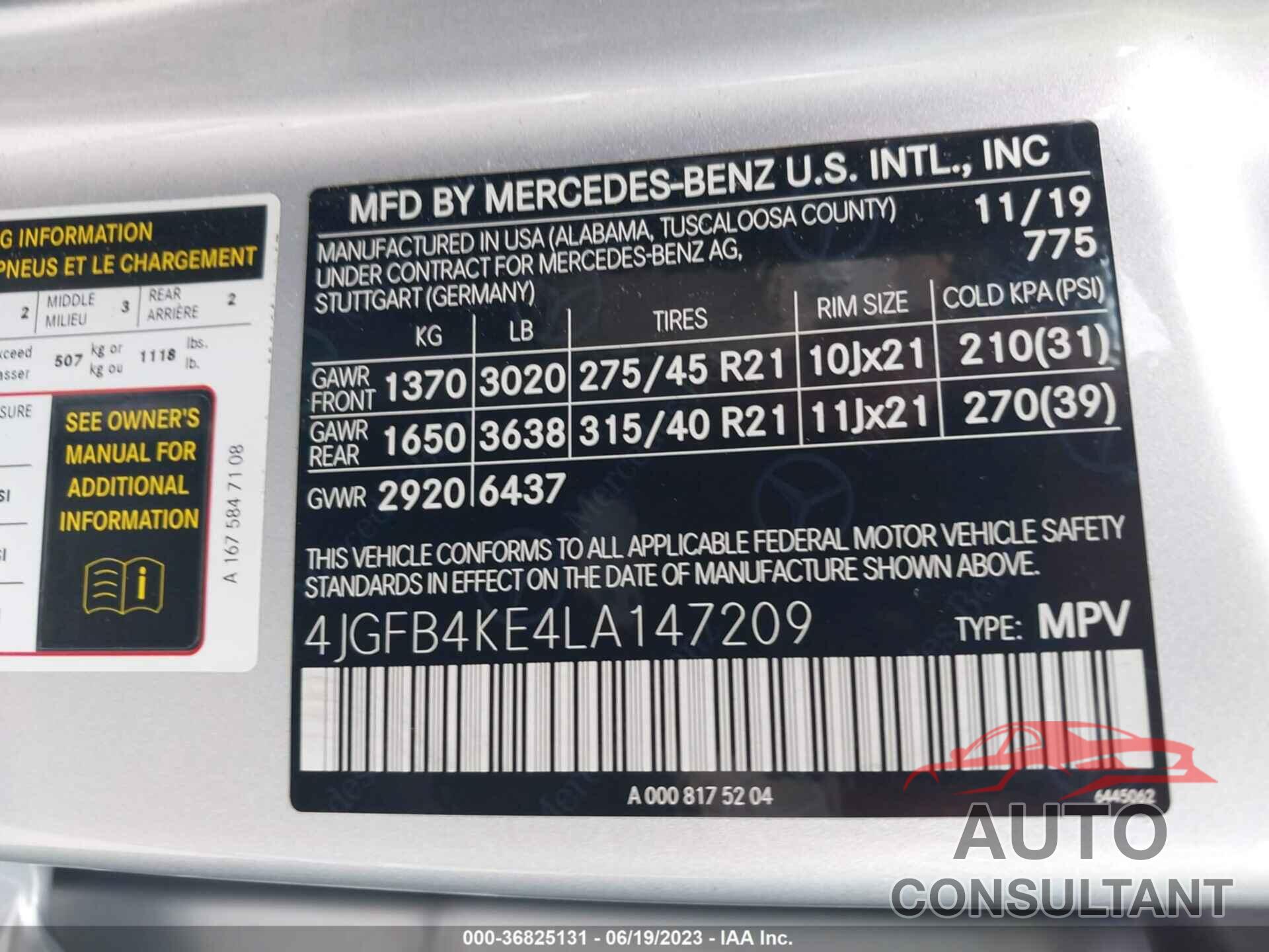 MERCEDES-BENZ GLE 2020 - 4JGFB4KE4LA147209