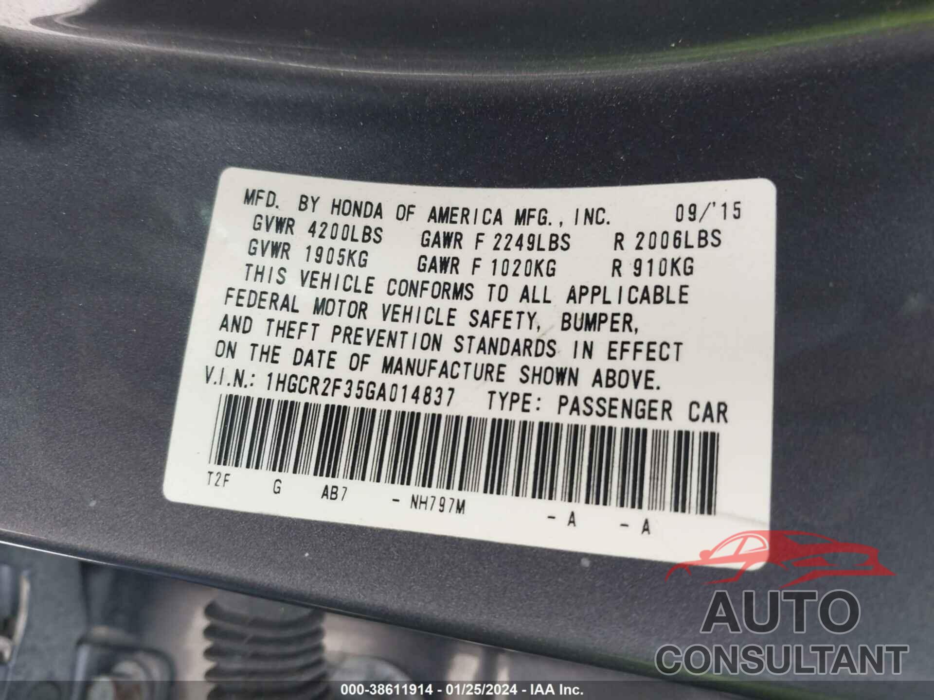 HONDA ACCORD 2016 - 1HGCR2F35GA014837