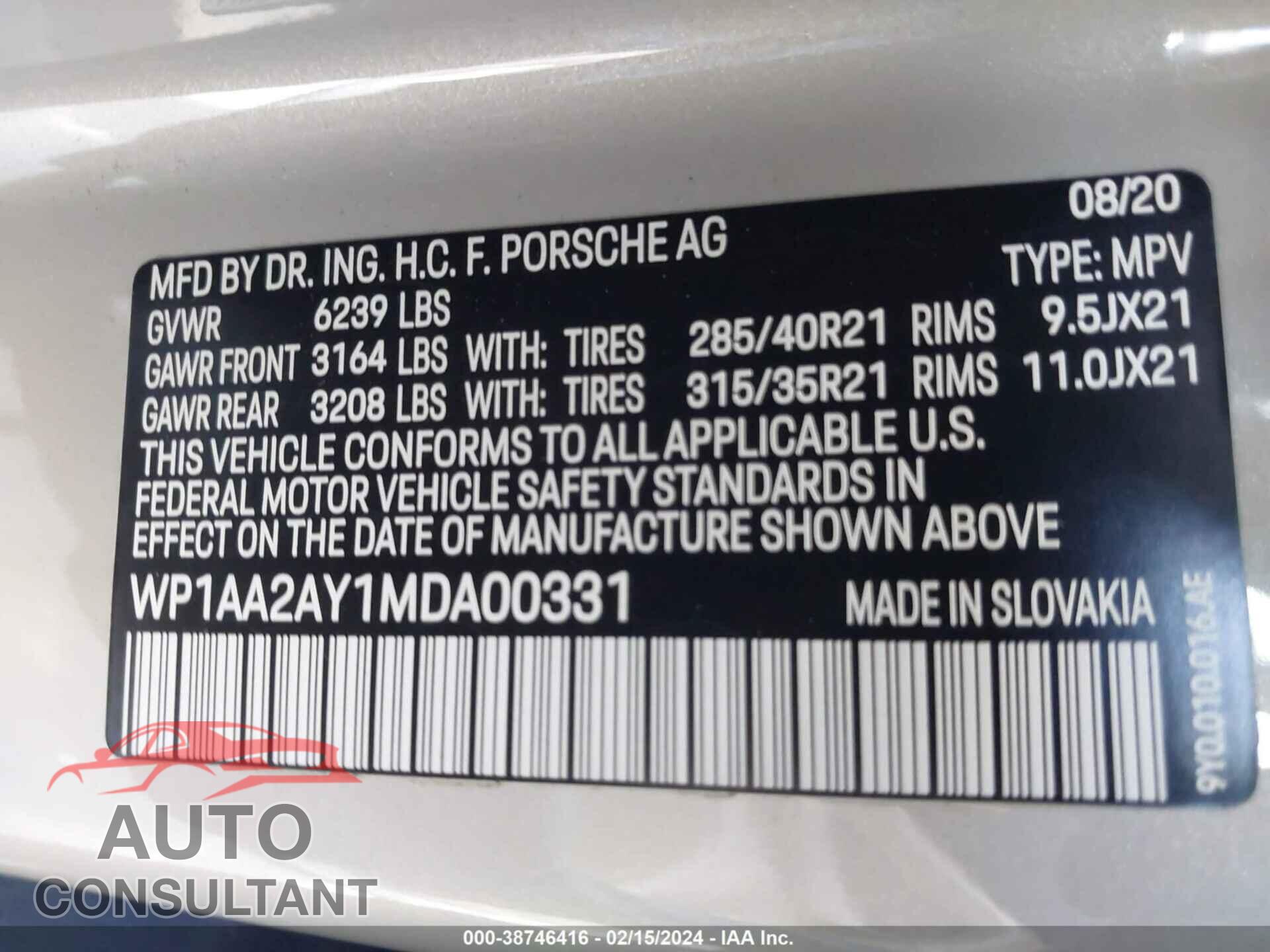 PORSCHE CAYENNE 2021 - WP1AA2AY1MDA00331