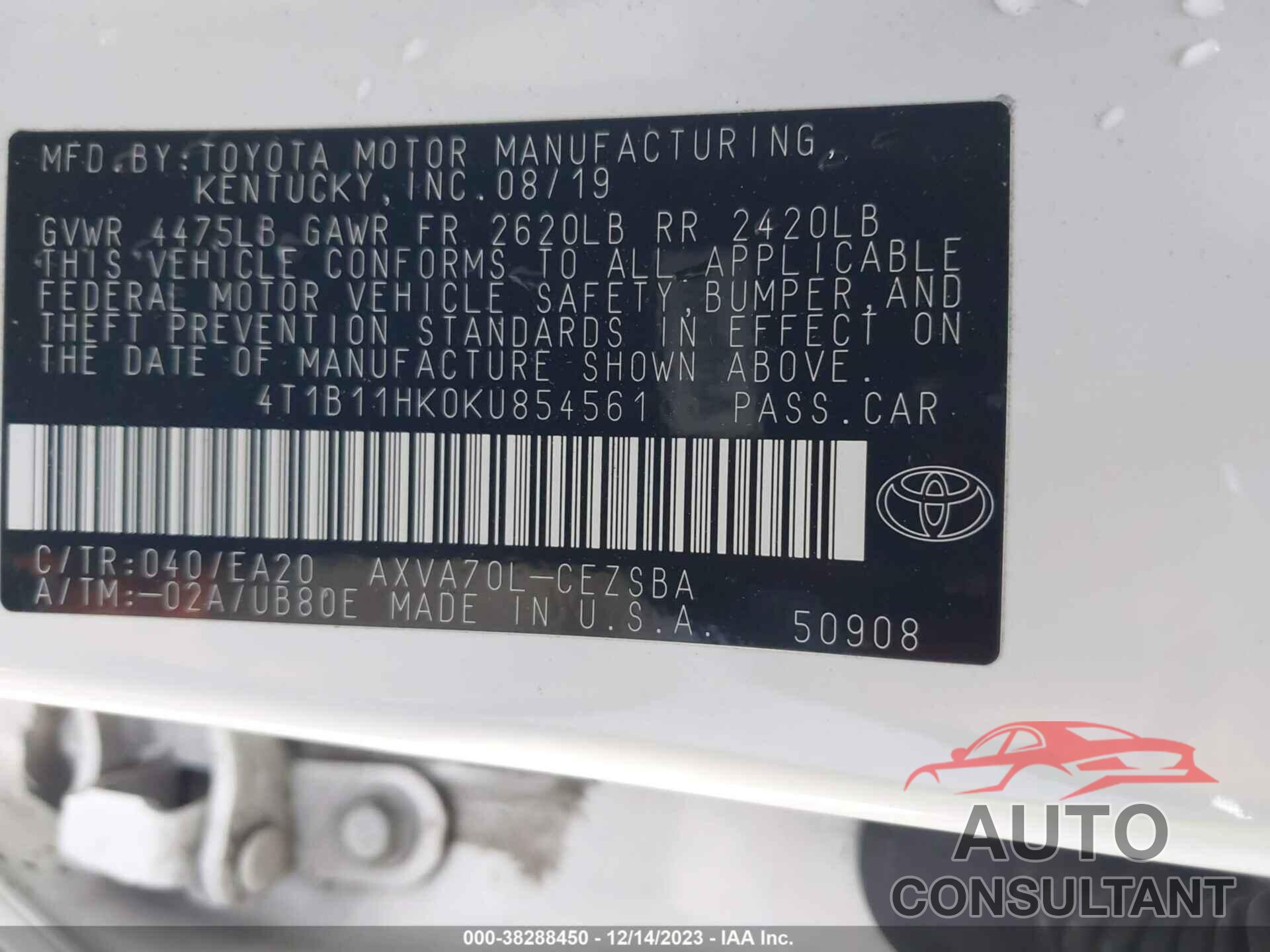 TOYOTA CAMRY 2019 - 4T1B11HK0KU854561