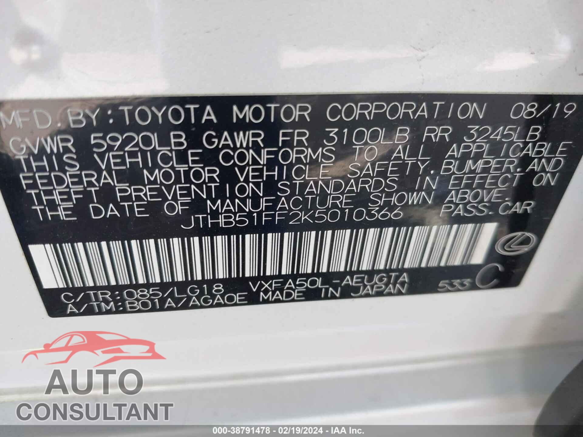 LEXUS LS 500 2019 - JTHB51FF2K5010366