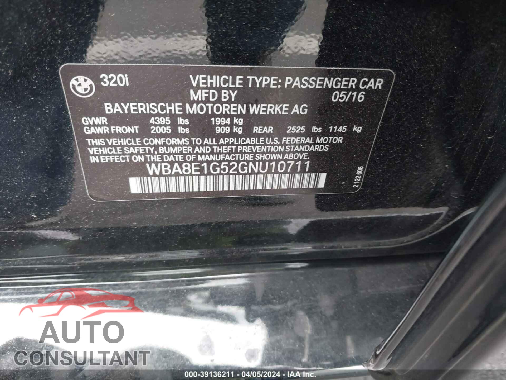 BMW 320I 2016 - WBA8E1G52GNU10711