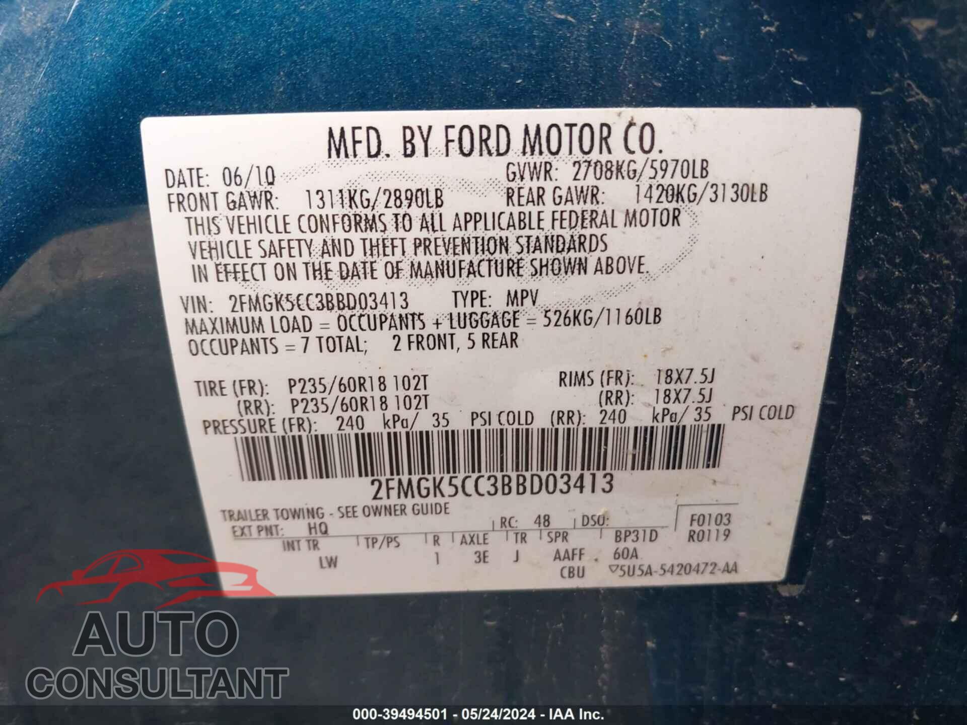 FORD FLEX 2011 - 2FMGK5CC3BBD03413