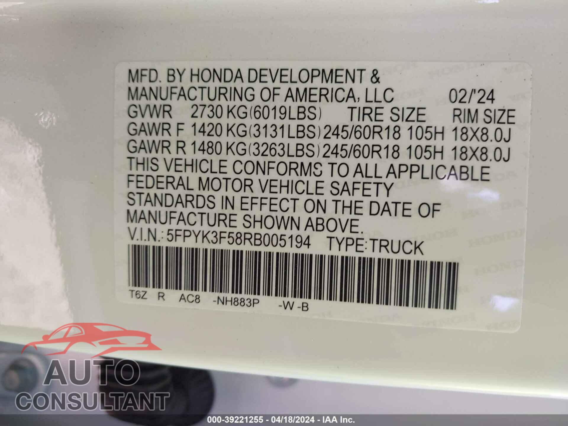 HONDA RIDGELINE 2024 - 5FPYK3F58RB005194