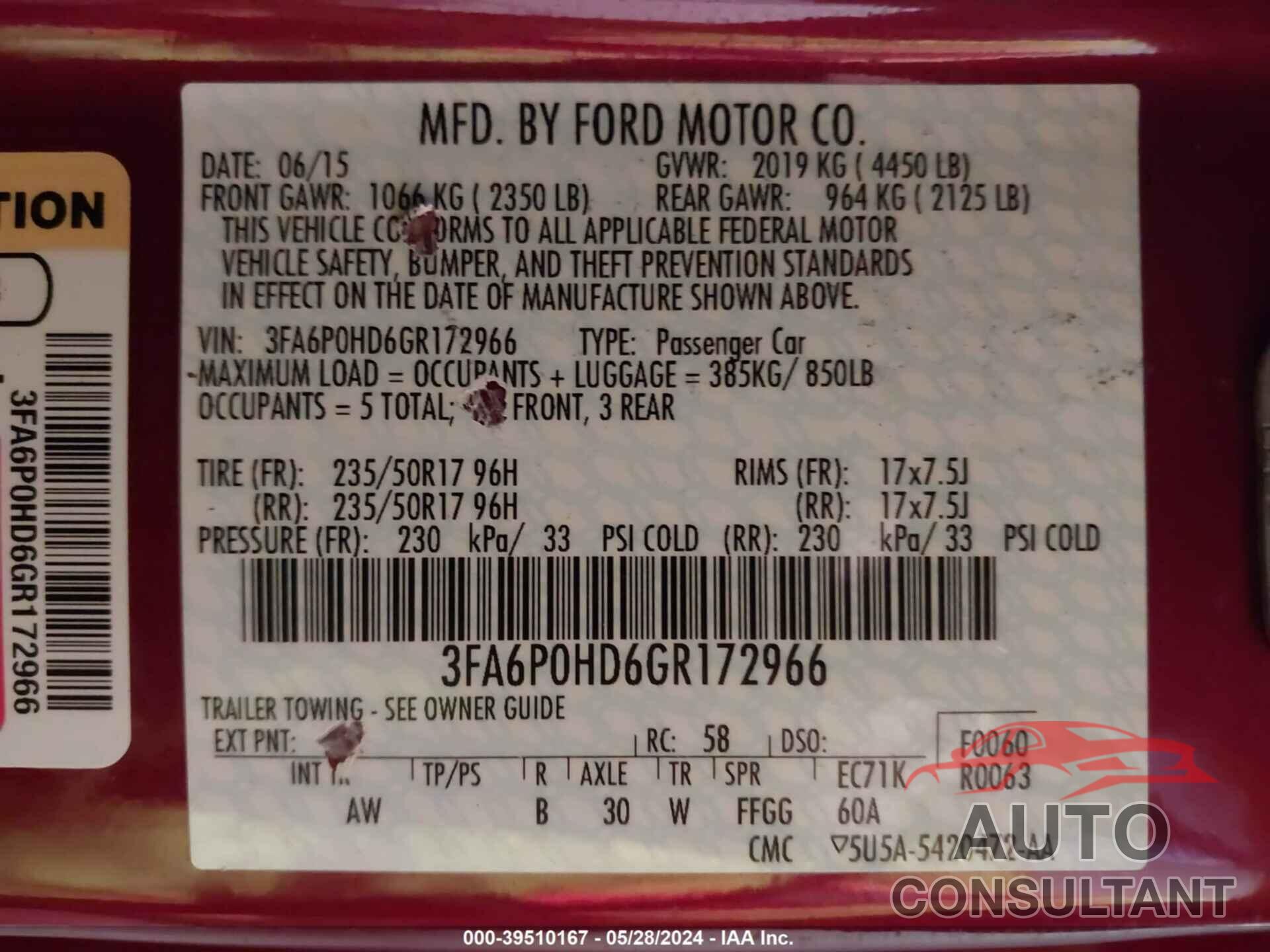 FORD FUSION 2016 - 3FA6P0HD6GR172966