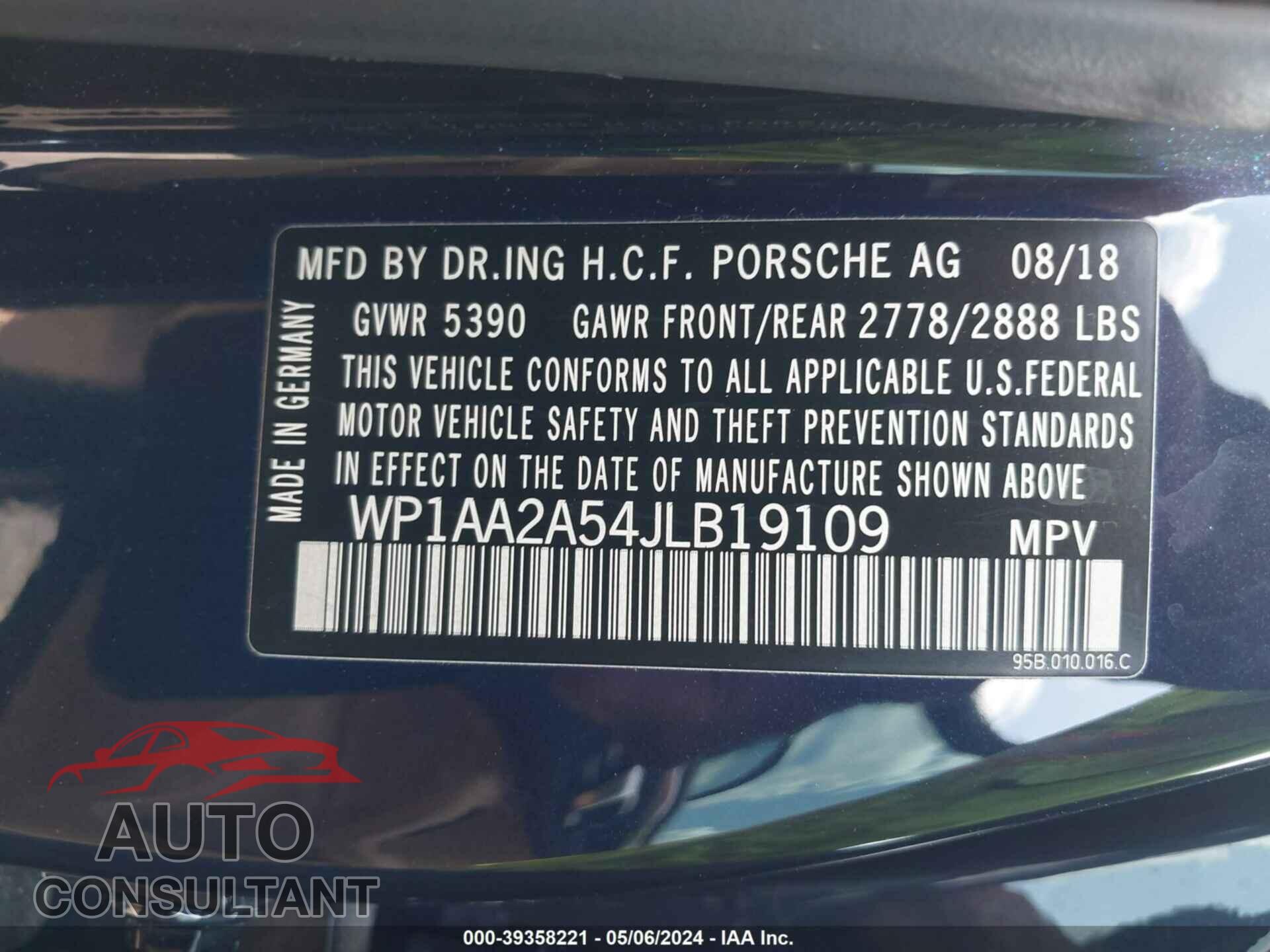 PORSCHE MACAN 2018 - WP1AA2A54JLB19109