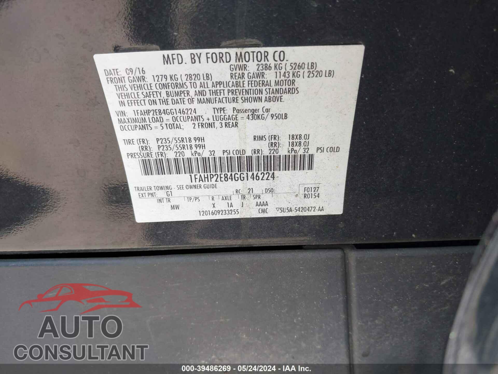 FORD TAURUS 2016 - 1FAHP2E84GG146224