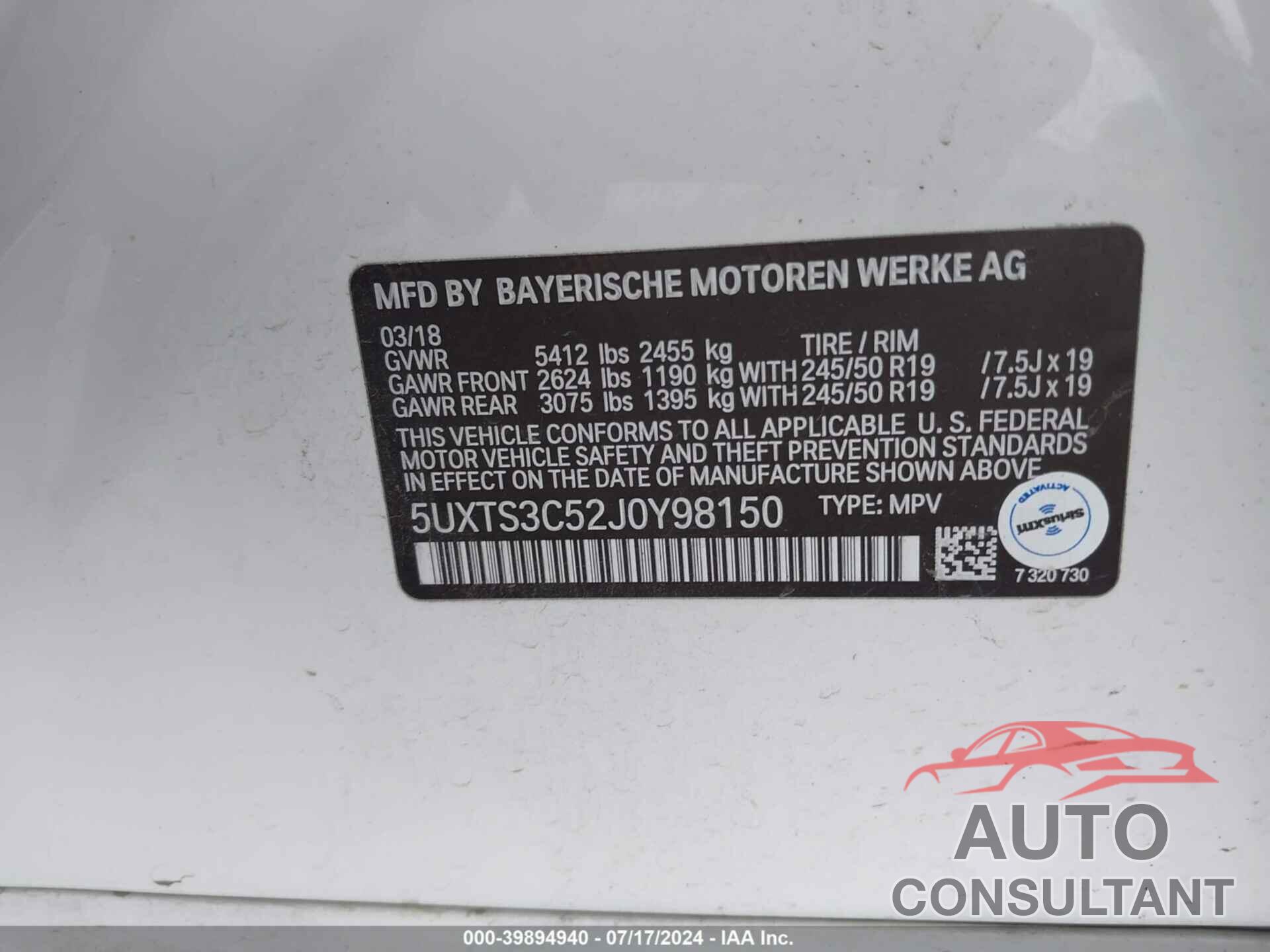 BMW X3 2018 - 5UXTS3C52J0Y98150