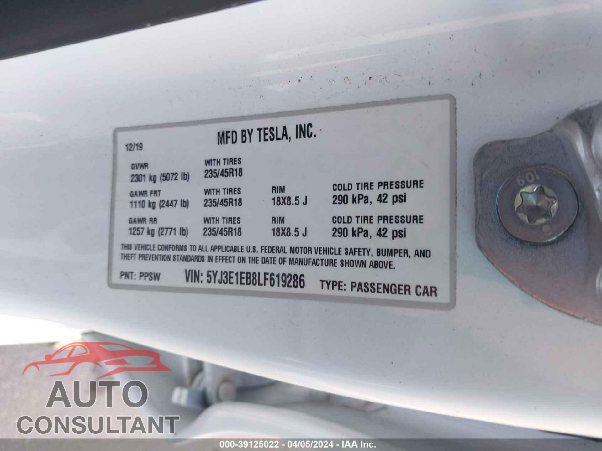 TESLA MODEL 3 2020 - 5YJ3E1EB8LF619286