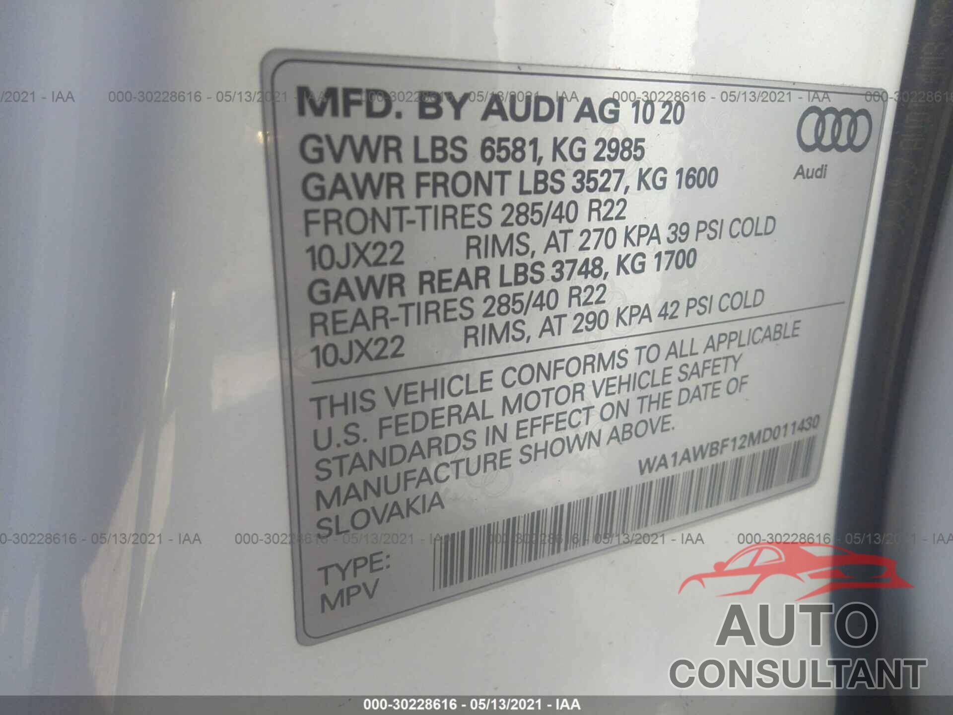AUDI SQ8 2021 - WA1AWBF12MD011430