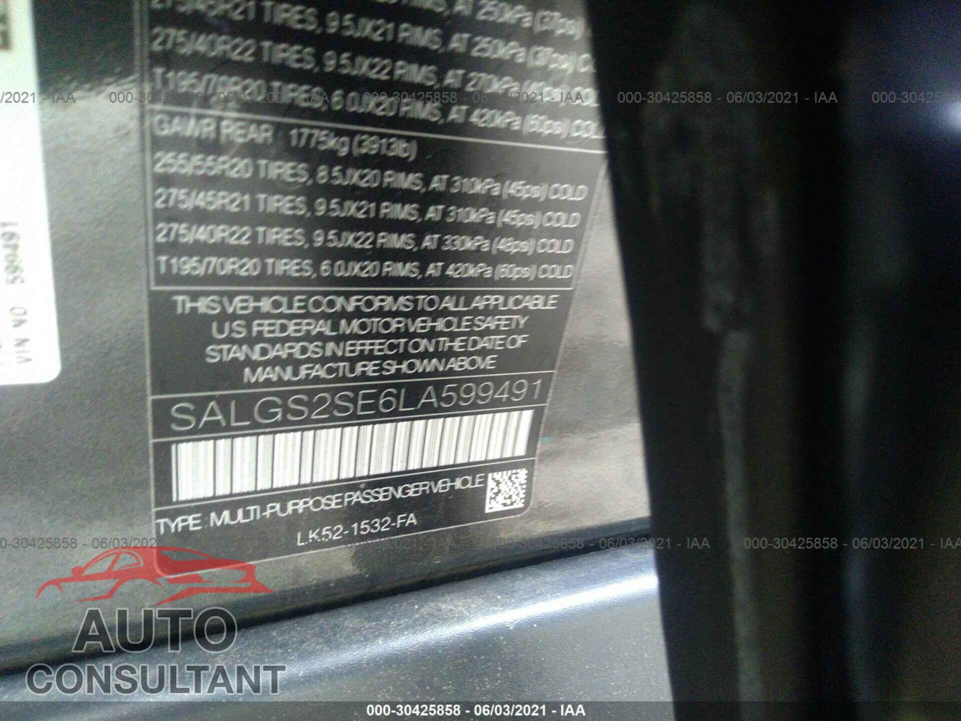 LAND ROVER RANGE ROVER 2020 - SALGS2SE6LA599491