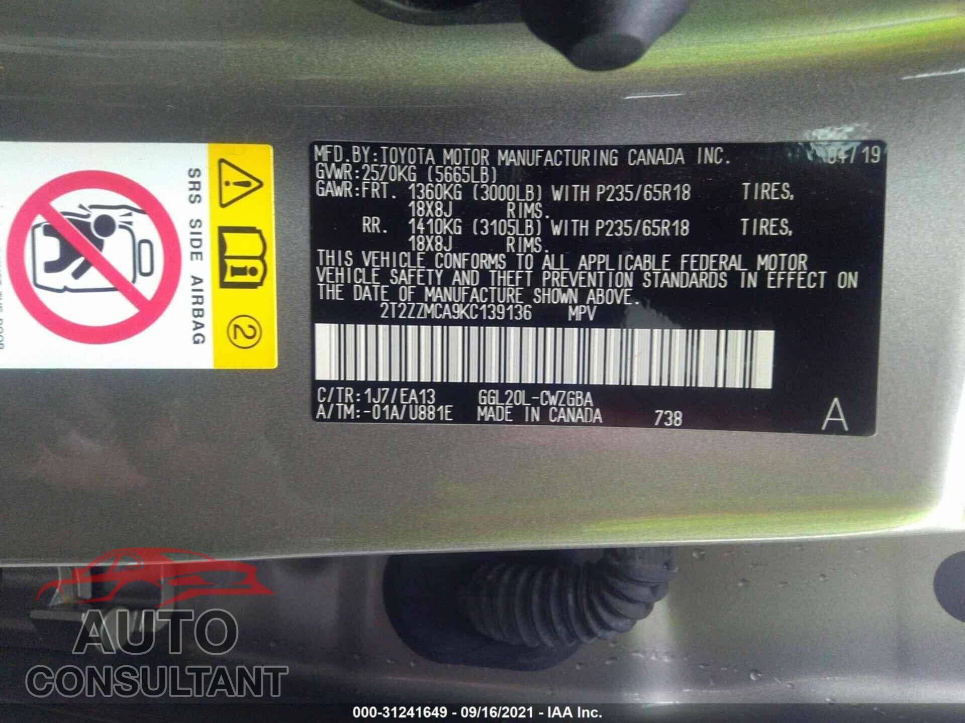 LEXUS RX 2019 - 2T2ZZMCA9KC139136