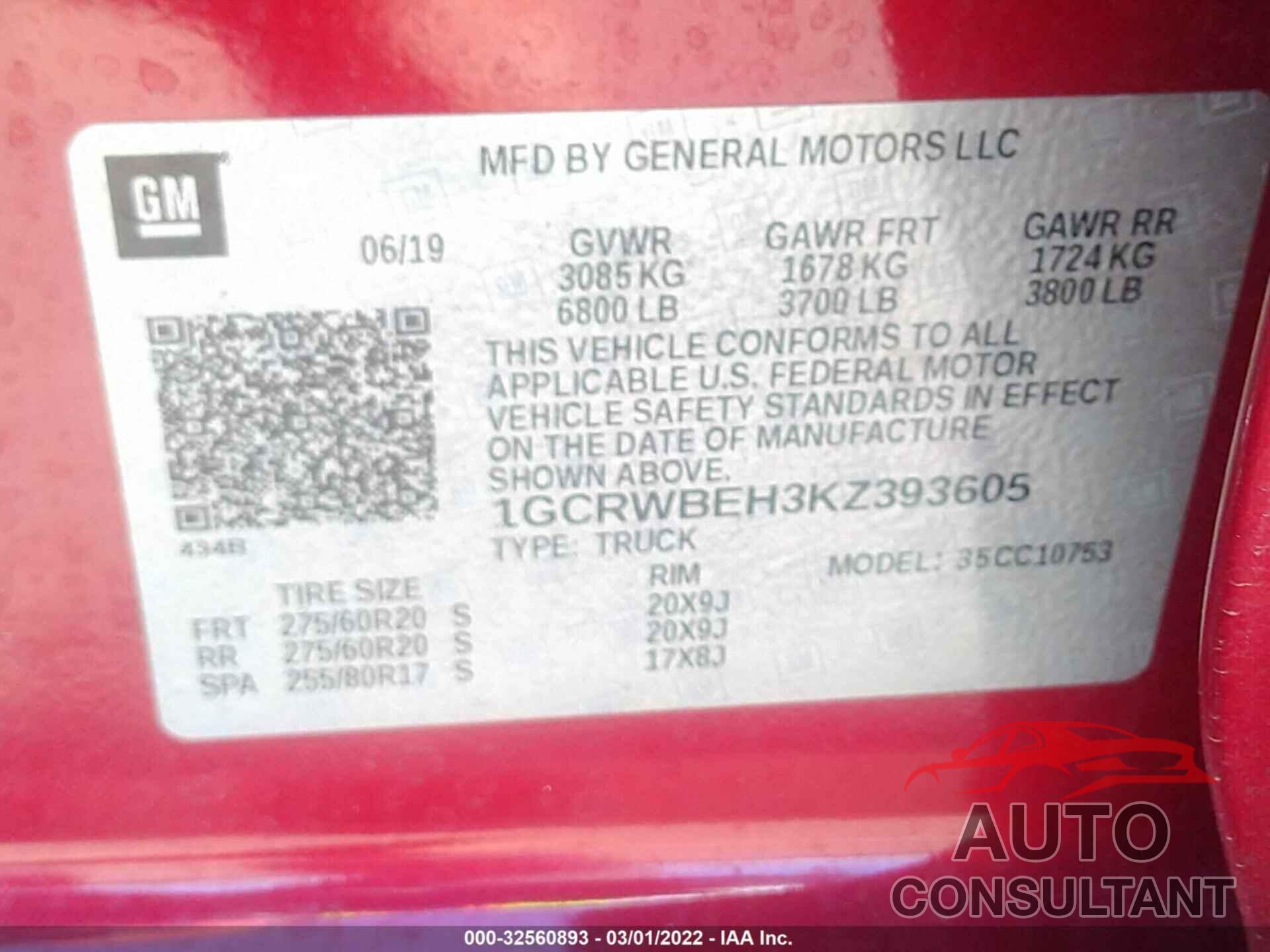 CHEVROLET SILVERADO 1500 2019 - 1GCRWBEH3KZ393605