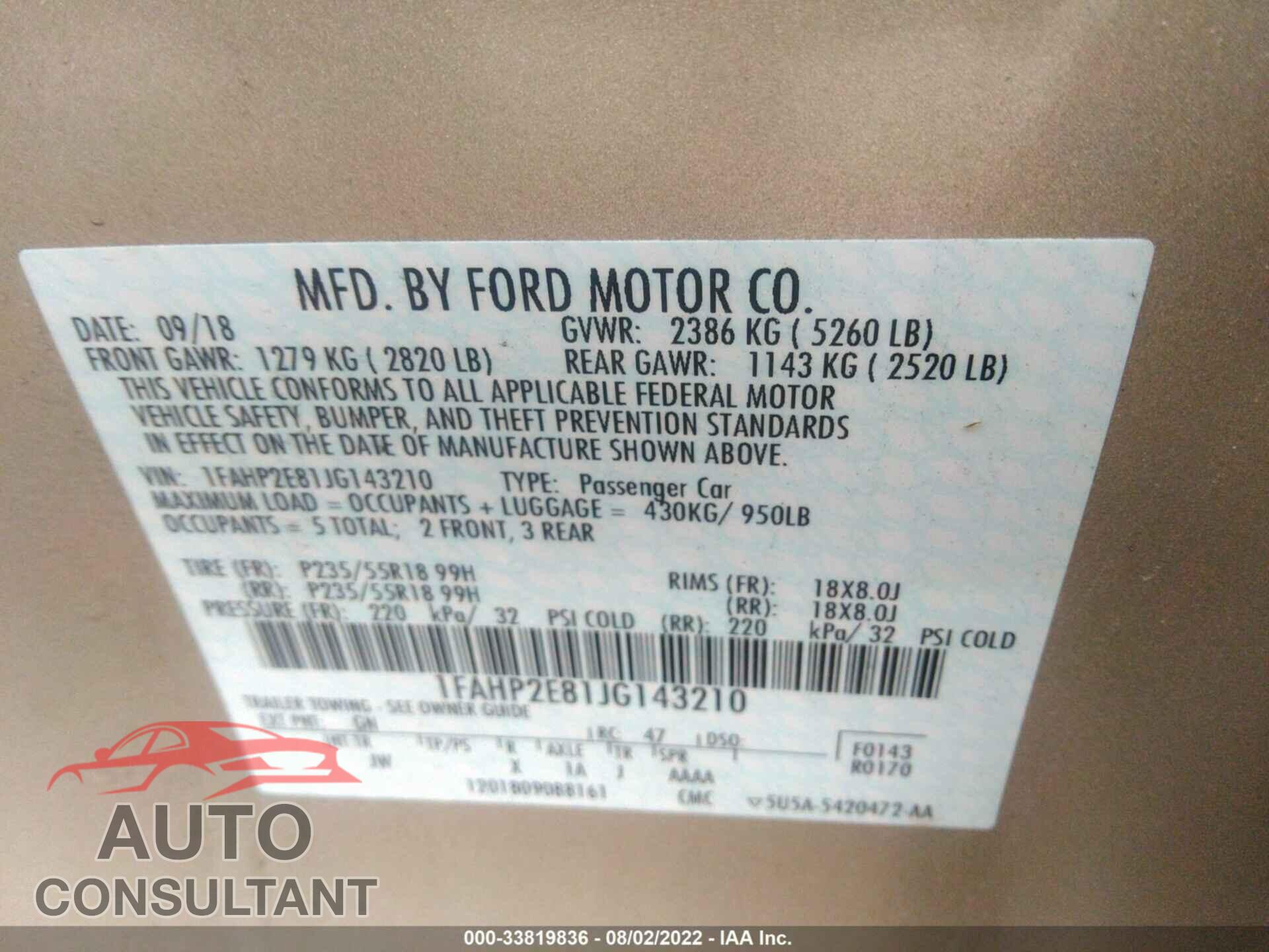 FORD TAURUS 2018 - 1FAHP2E81JG143210