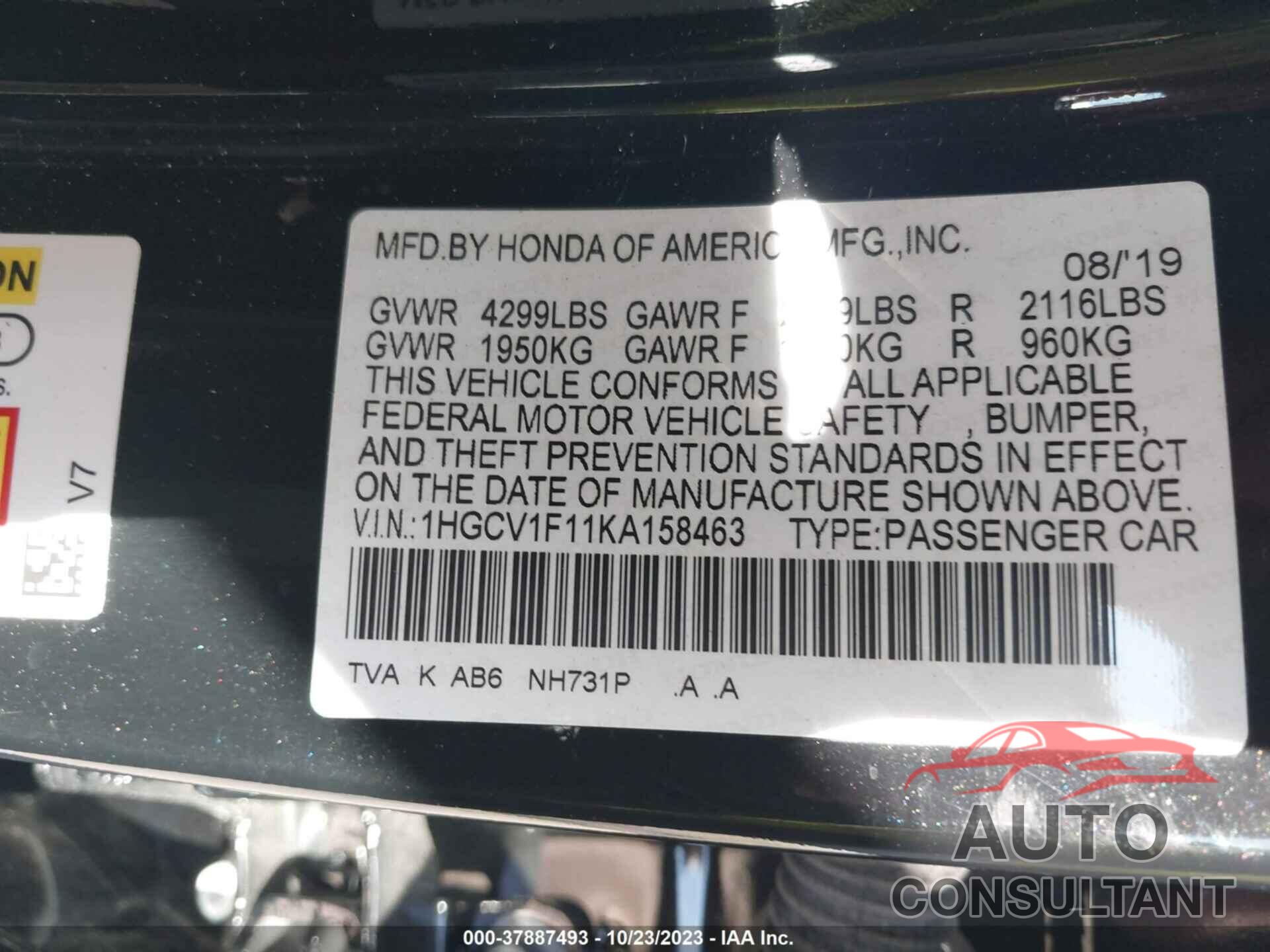 HONDA ACCORD SEDAN 2019 - 1HGCV1F11KA158463